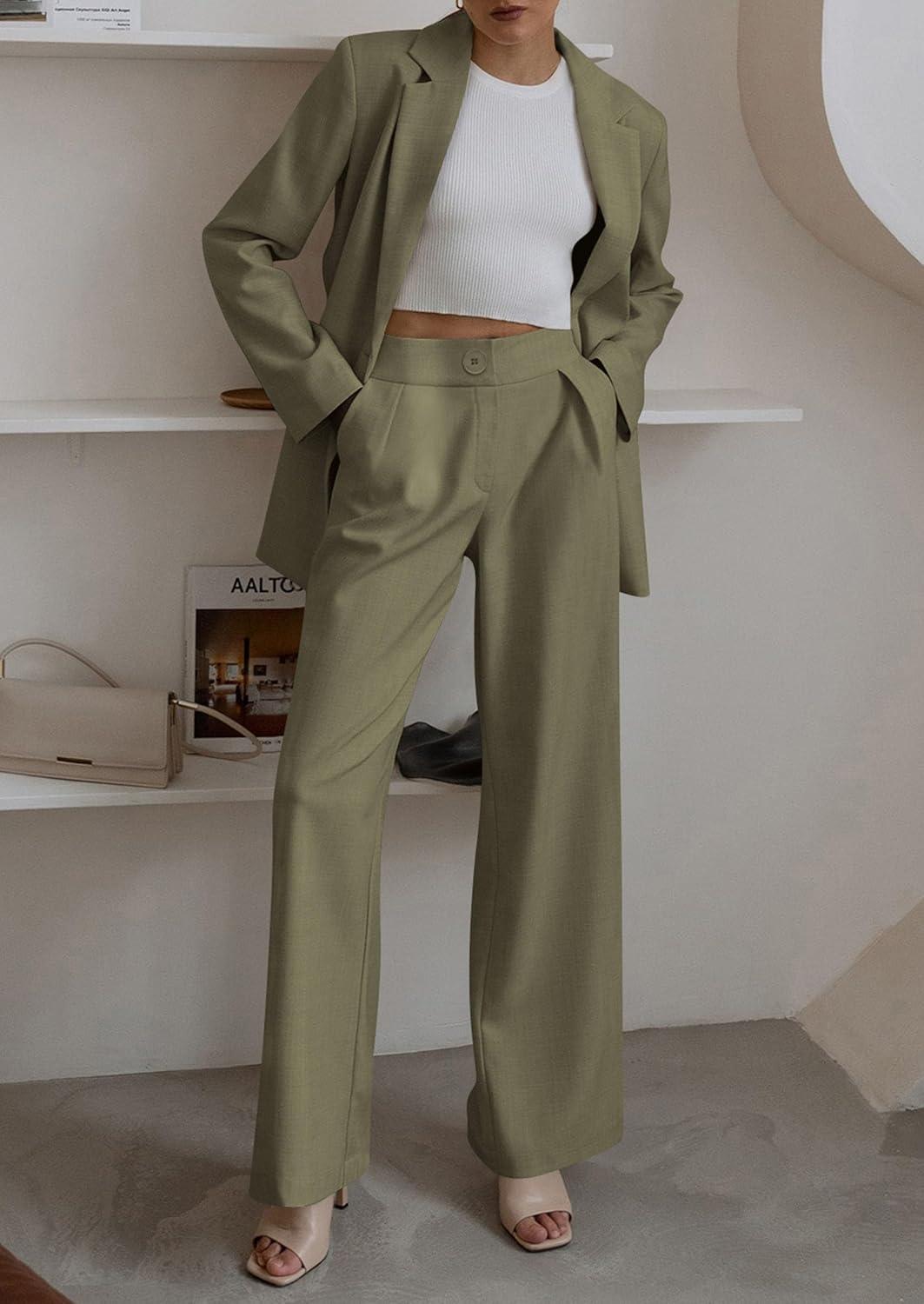 imagePRETTYGARDEN Womens Fall Two Piece Outfits Dressy Blazer Jacket and Wide Leg Pants Pockets Business Casual Office Suit SetsArmy Green