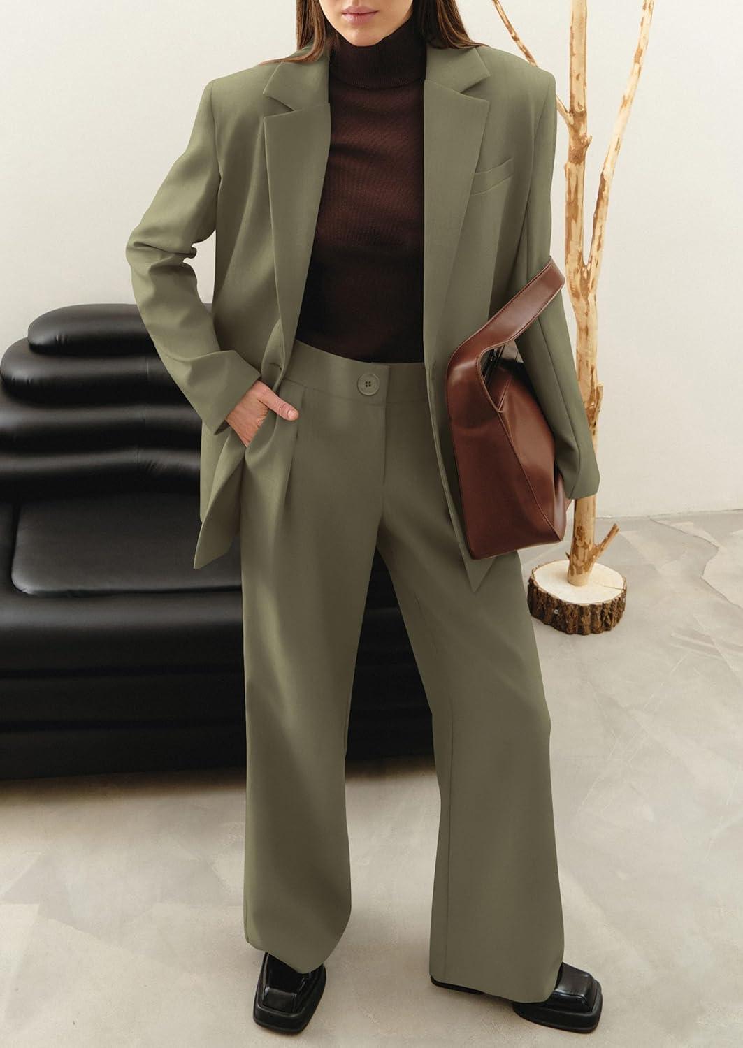 imagePRETTYGARDEN Womens Fall Two Piece Outfits Dressy Blazer Jacket and Wide Leg Pants Pockets Business Casual Office Suit SetsArmy Green