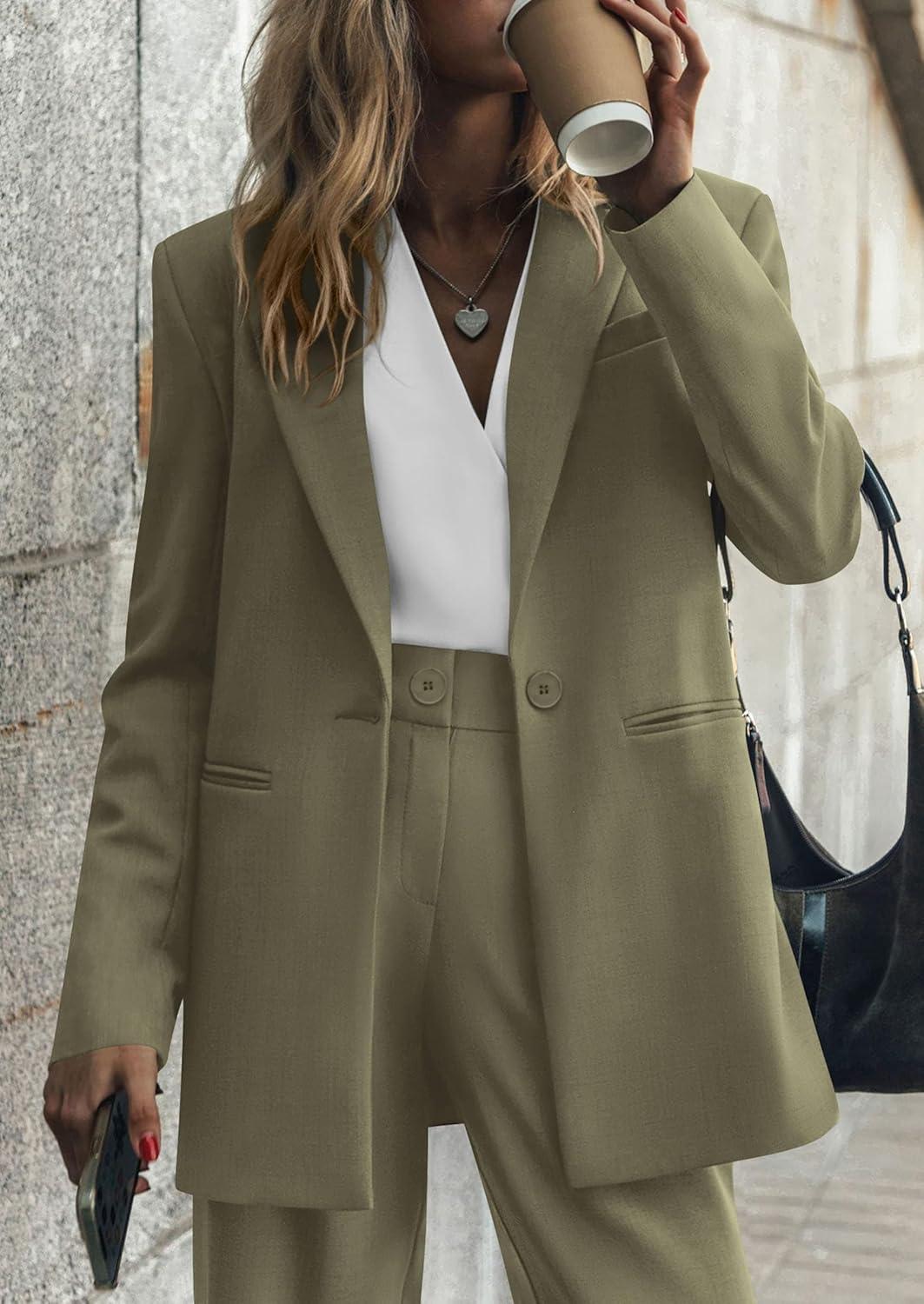 imagePRETTYGARDEN Womens Fall Two Piece Outfits Dressy Blazer Jacket and Wide Leg Pants Pockets Business Casual Office Suit SetsArmy Green