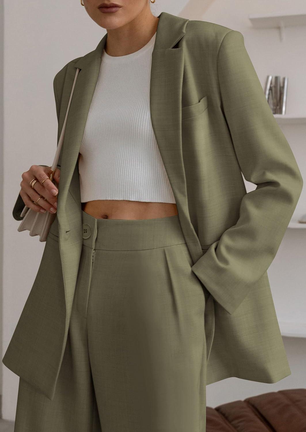imagePRETTYGARDEN Womens Fall Two Piece Outfits Dressy Blazer Jacket and Wide Leg Pants Pockets Business Casual Office Suit SetsArmy Green