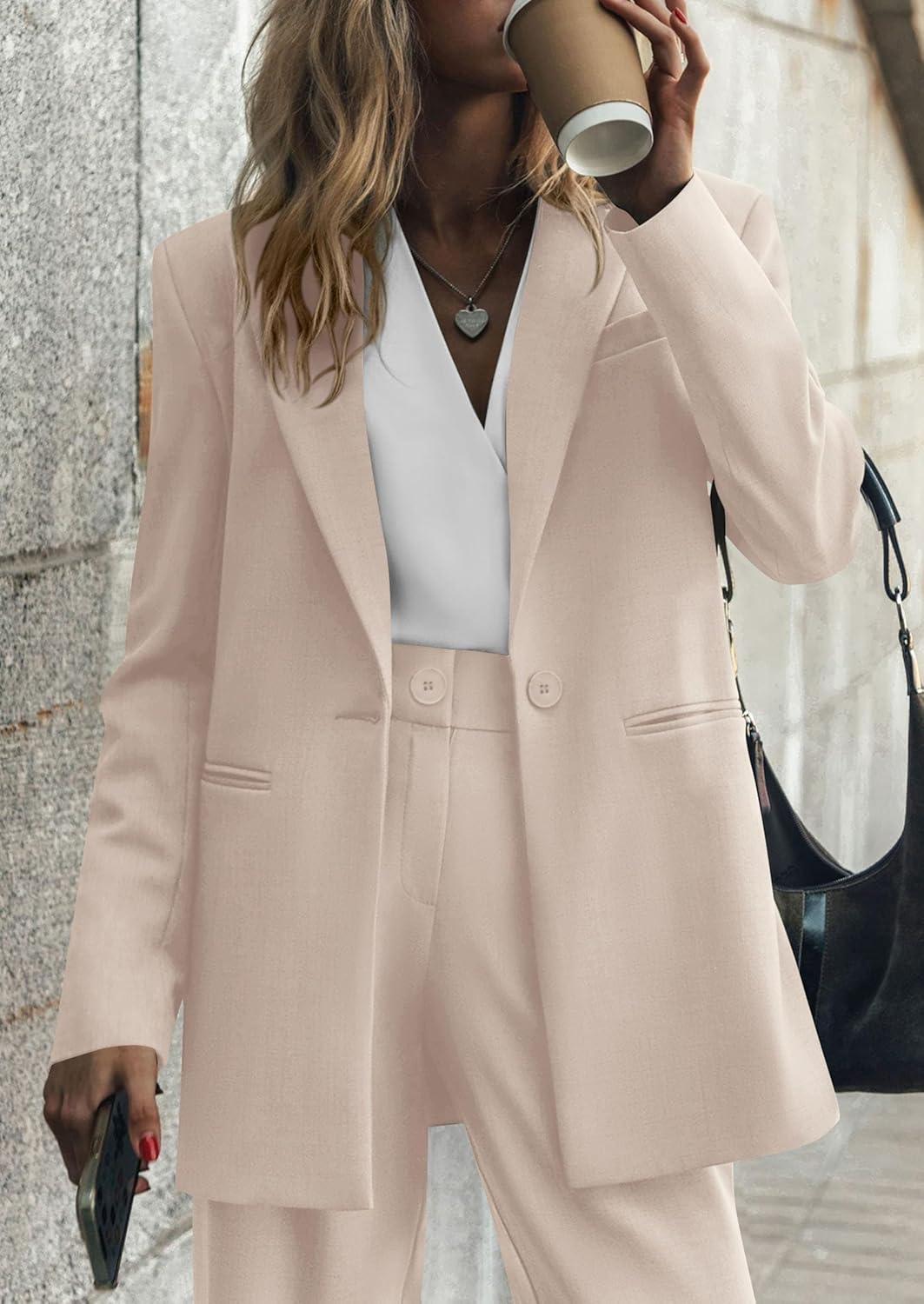 imagePRETTYGARDEN Womens Fall Two Piece Outfits Dressy Blazer Jacket and Wide Leg Pants Pockets Business Casual Office Suit SetsBeige