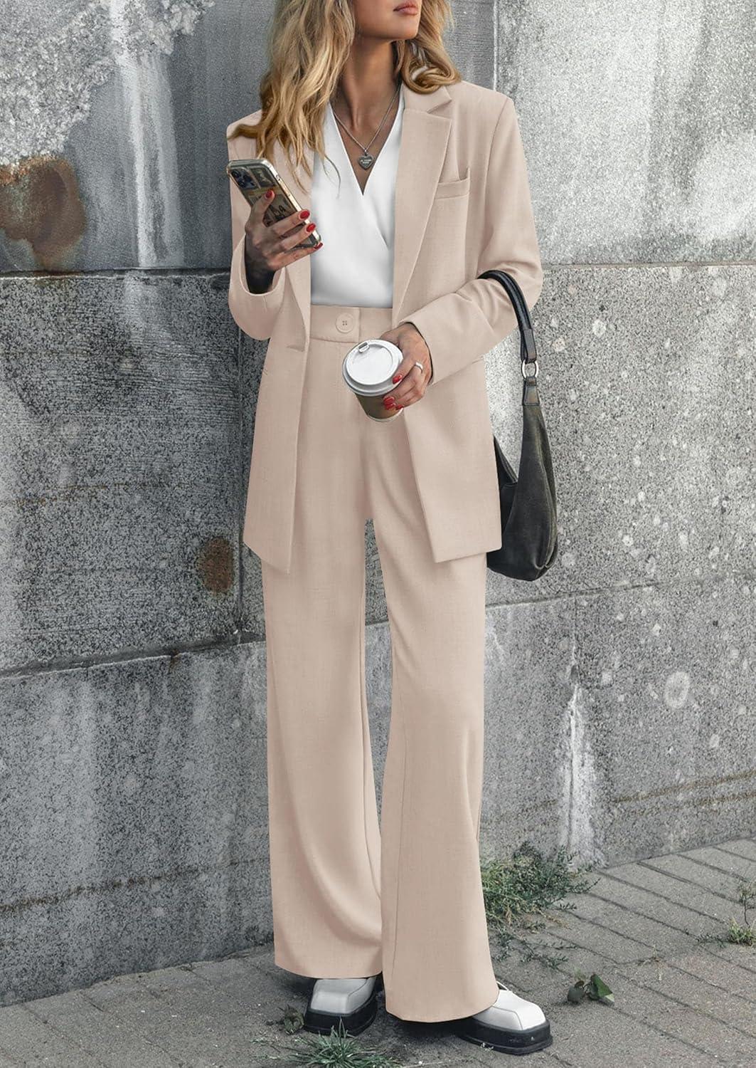 imagePRETTYGARDEN Womens Fall Two Piece Outfits Dressy Blazer Jacket and Wide Leg Pants Pockets Business Casual Office Suit SetsBeige