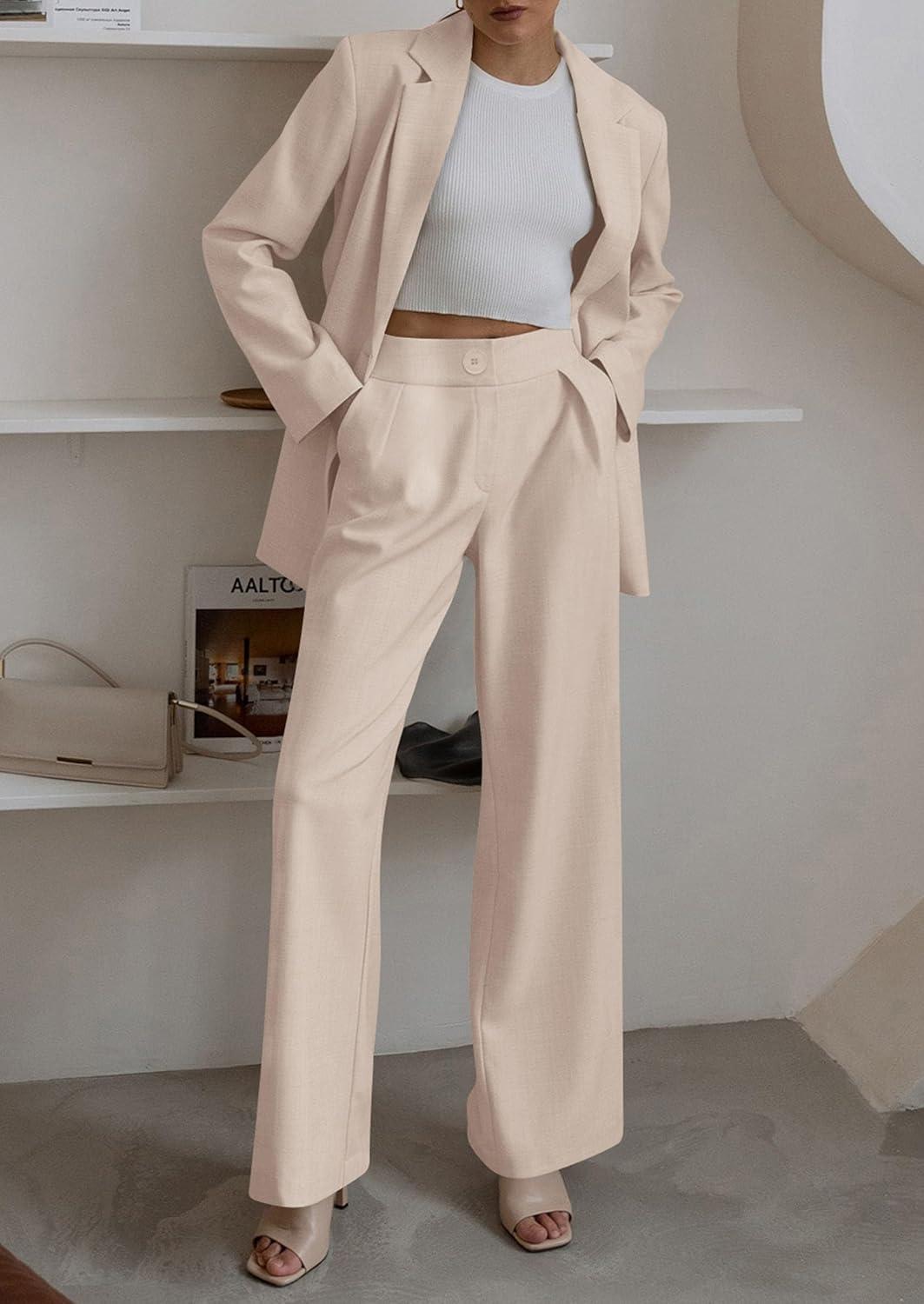 imagePRETTYGARDEN Womens Fall Two Piece Outfits Dressy Blazer Jacket and Wide Leg Pants Pockets Business Casual Office Suit SetsBeige