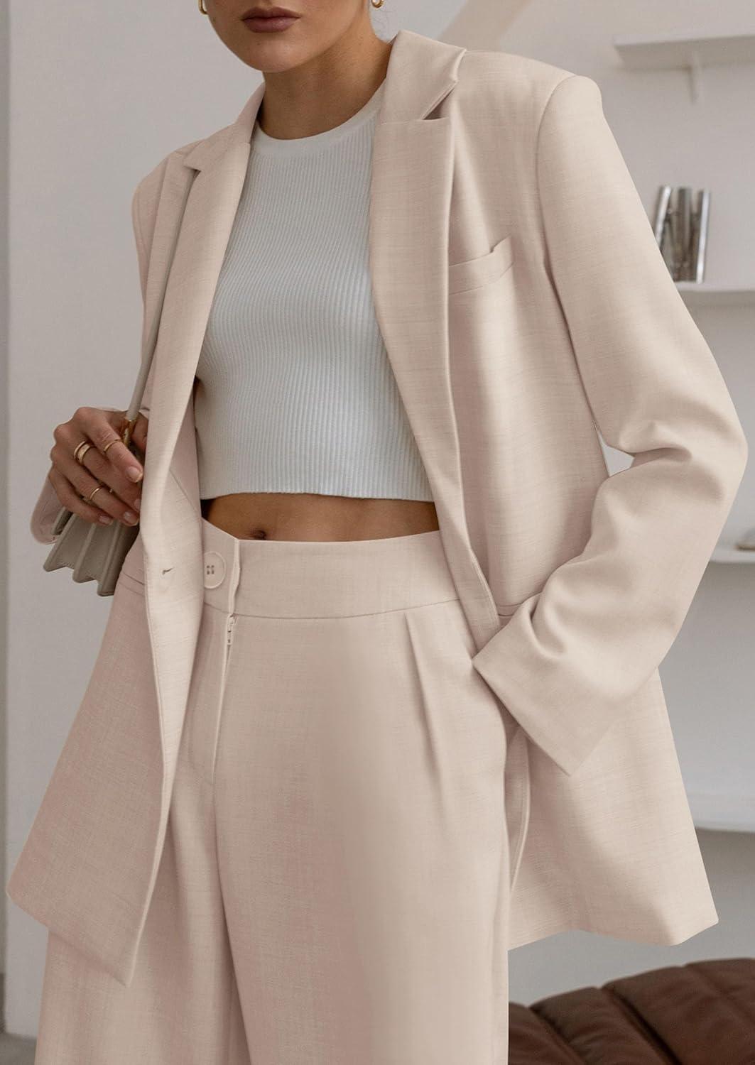 imagePRETTYGARDEN Womens Fall Two Piece Outfits Dressy Blazer Jacket and Wide Leg Pants Pockets Business Casual Office Suit SetsBeige