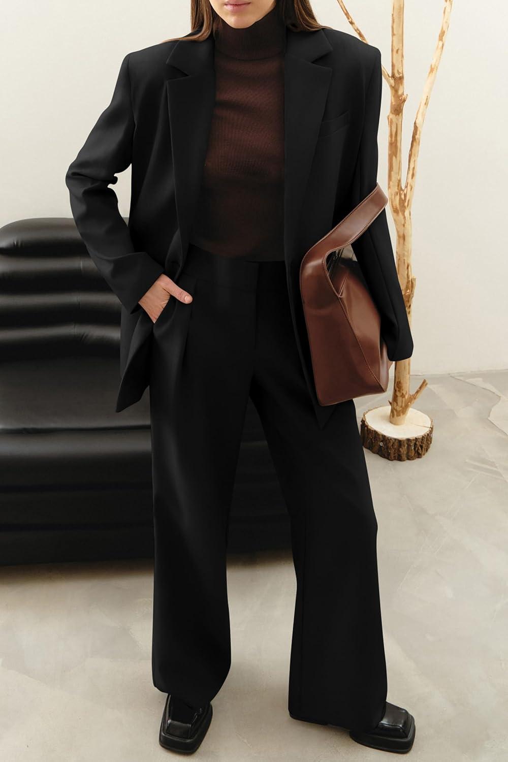 imagePRETTYGARDEN Womens Fall Two Piece Outfits Dressy Blazer Jacket and Wide Leg Pants Pockets Business Casual Office Suit SetsBlack