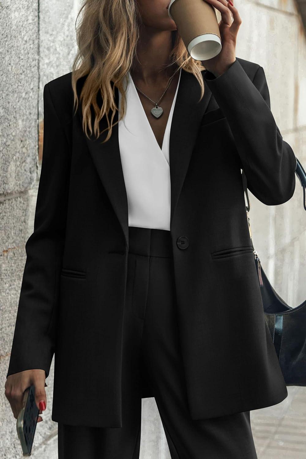 imagePRETTYGARDEN Womens Fall Two Piece Outfits Dressy Blazer Jacket and Wide Leg Pants Pockets Business Casual Office Suit SetsBlack