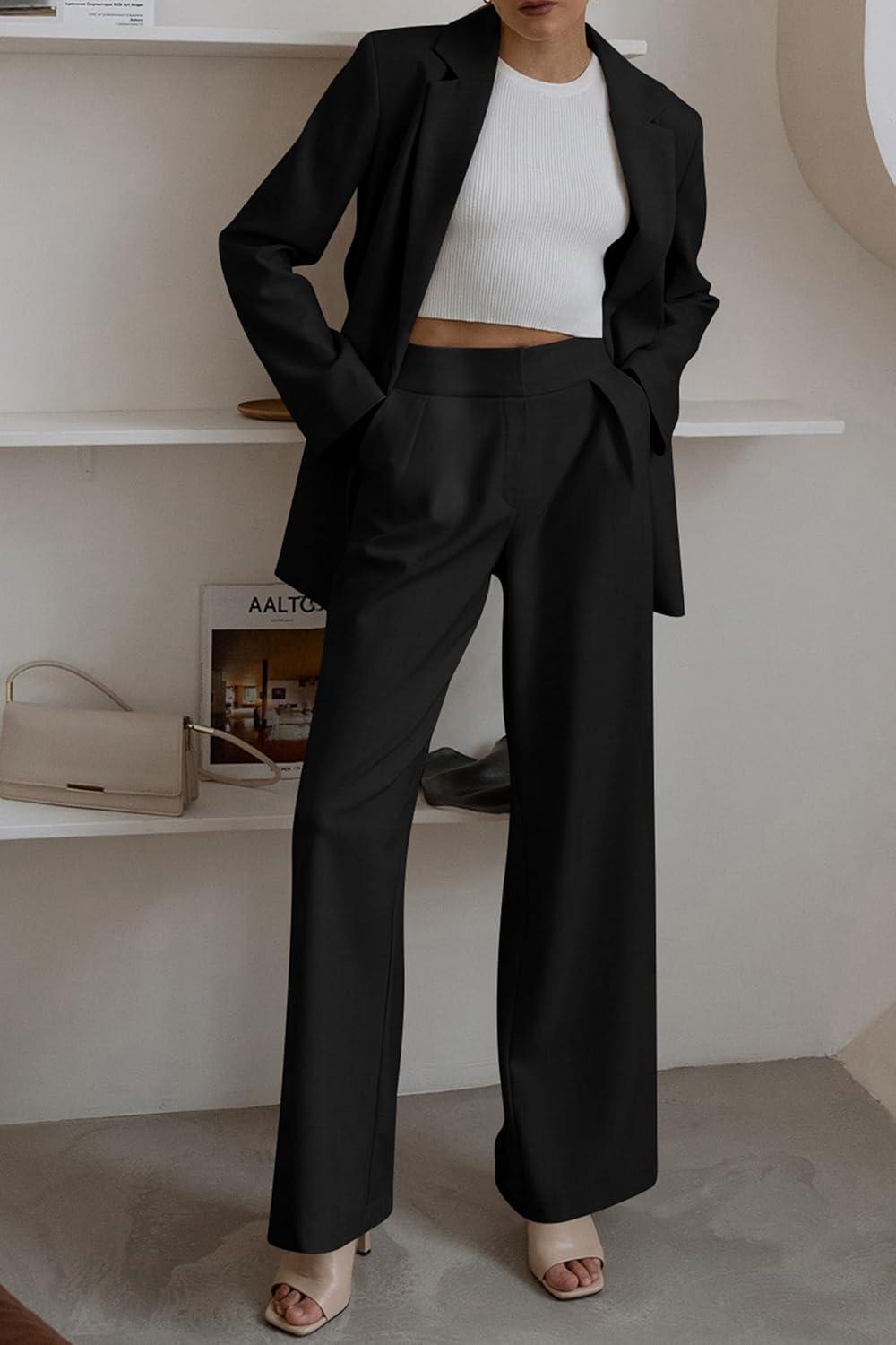 imagePRETTYGARDEN Womens Fall Two Piece Outfits Dressy Blazer Jacket and Wide Leg Pants Pockets Business Casual Office Suit SetsBlack