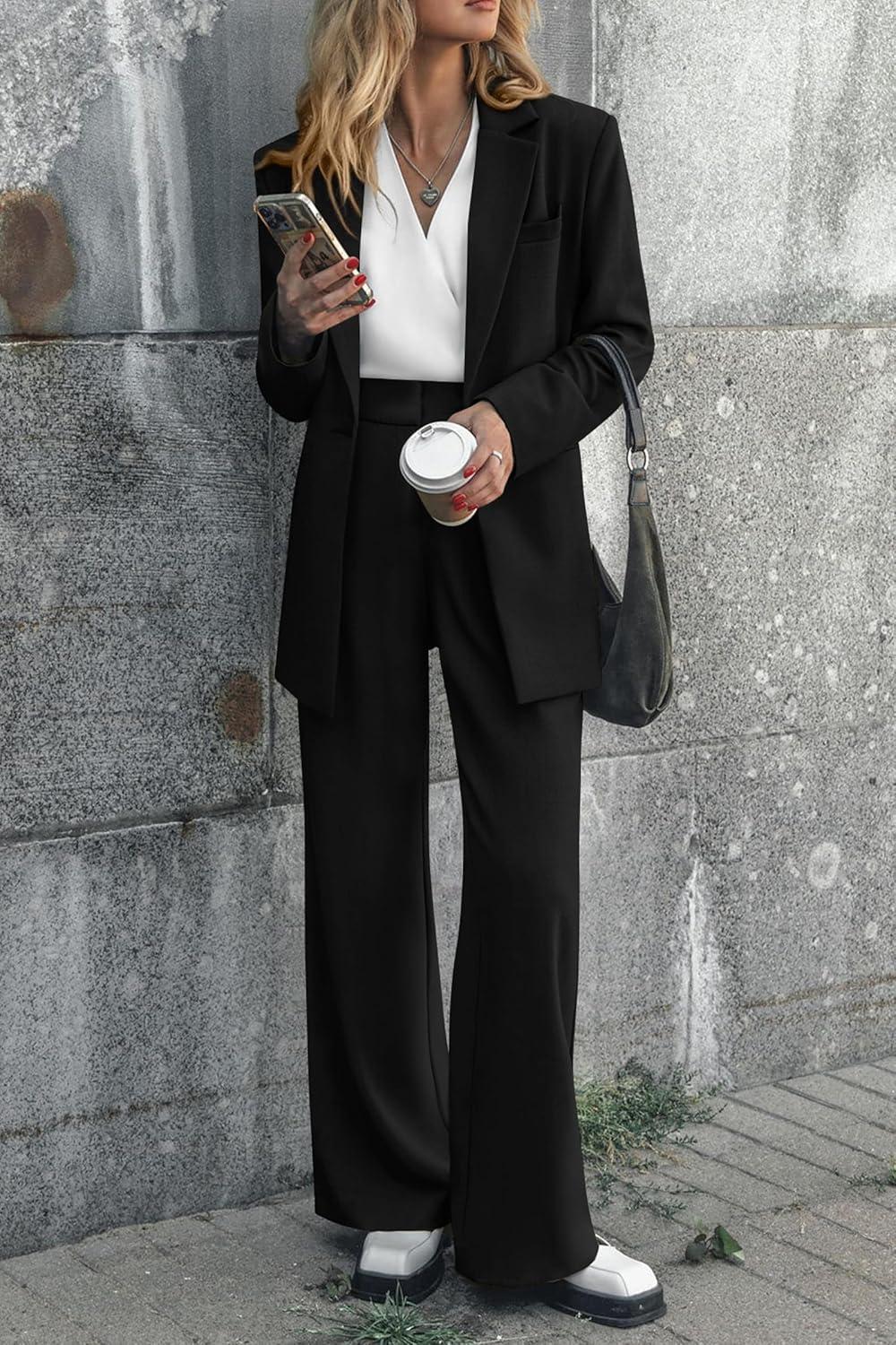 imagePRETTYGARDEN Womens Fall Two Piece Outfits Dressy Blazer Jacket and Wide Leg Pants Pockets Business Casual Office Suit SetsBlack