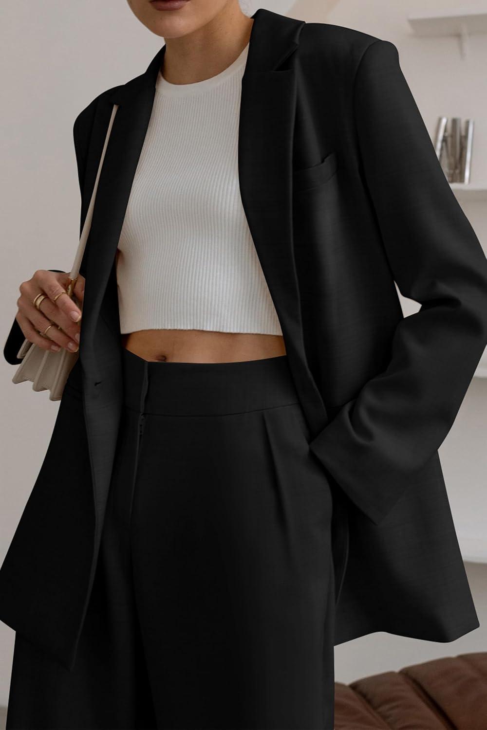 imagePRETTYGARDEN Womens Fall Two Piece Outfits Dressy Blazer Jacket and Wide Leg Pants Pockets Business Casual Office Suit SetsBlack