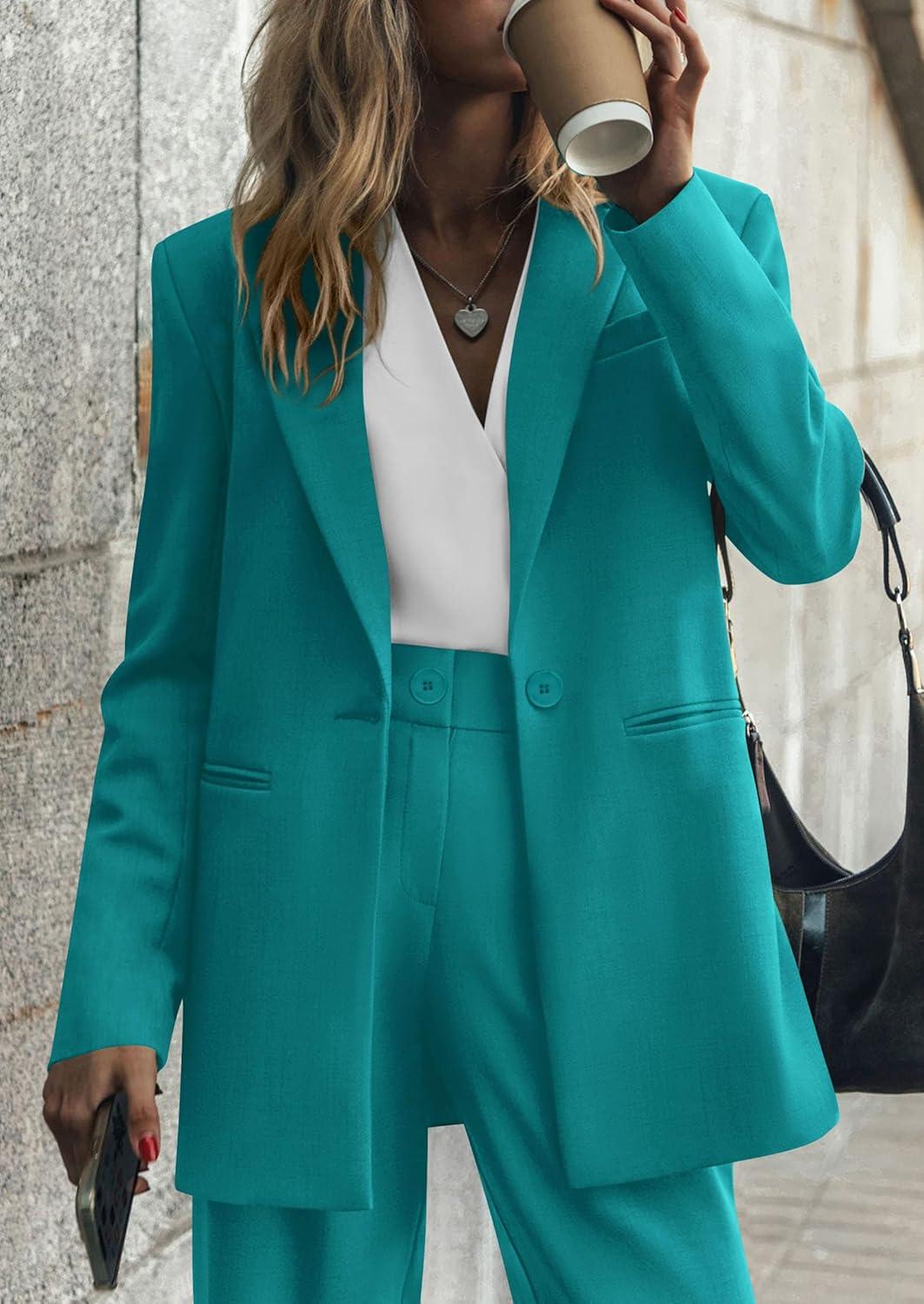 imagePRETTYGARDEN Womens Fall Two Piece Outfits Dressy Blazer Jacket and Wide Leg Pants Pockets Business Casual Office Suit SetsBlue Green