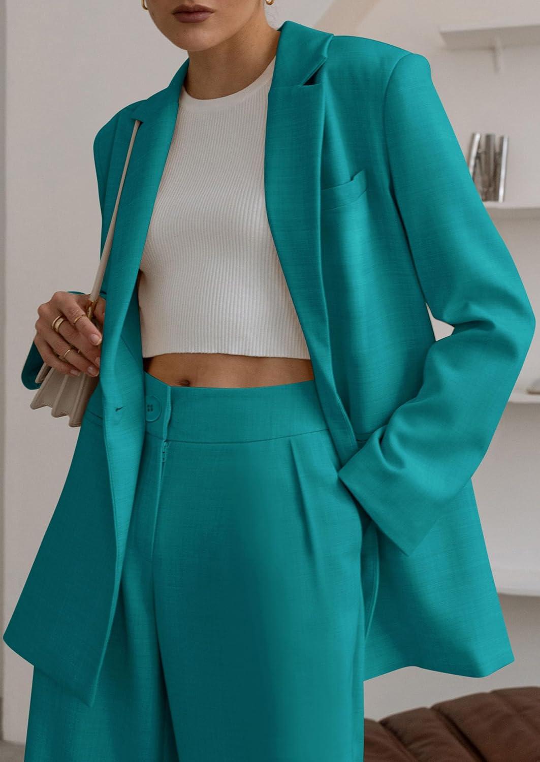 imagePRETTYGARDEN Womens Fall Two Piece Outfits Dressy Blazer Jacket and Wide Leg Pants Pockets Business Casual Office Suit SetsBlue Green
