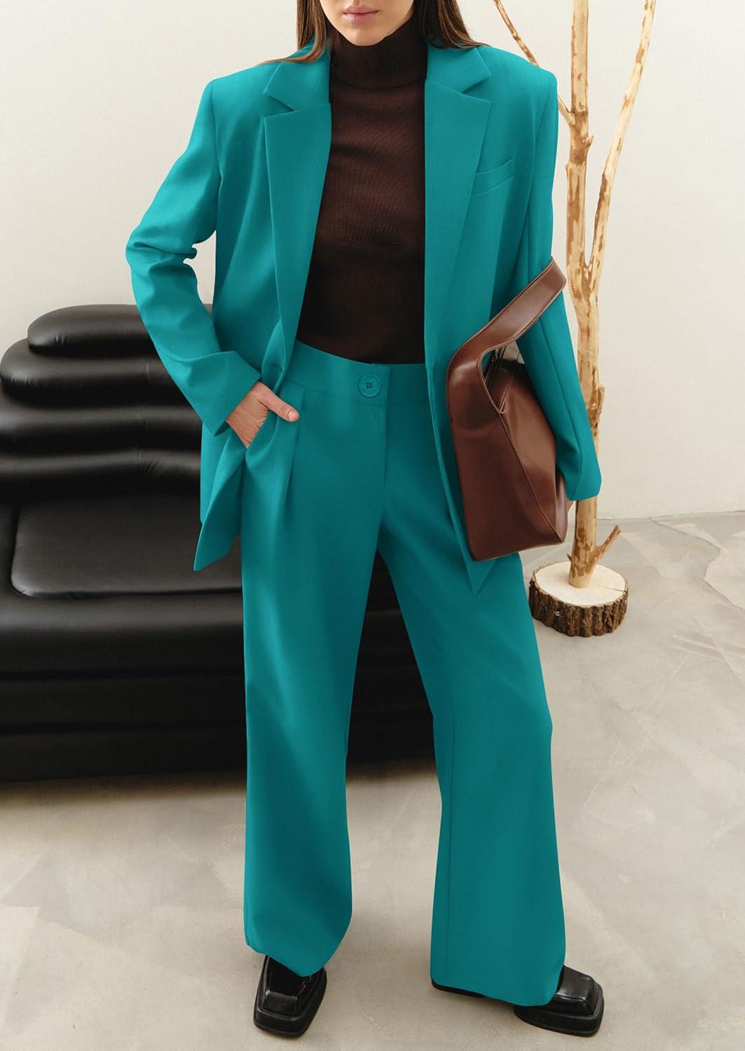 imagePRETTYGARDEN Womens Fall Two Piece Outfits Dressy Blazer Jacket and Wide Leg Pants Pockets Business Casual Office Suit SetsBlue Green