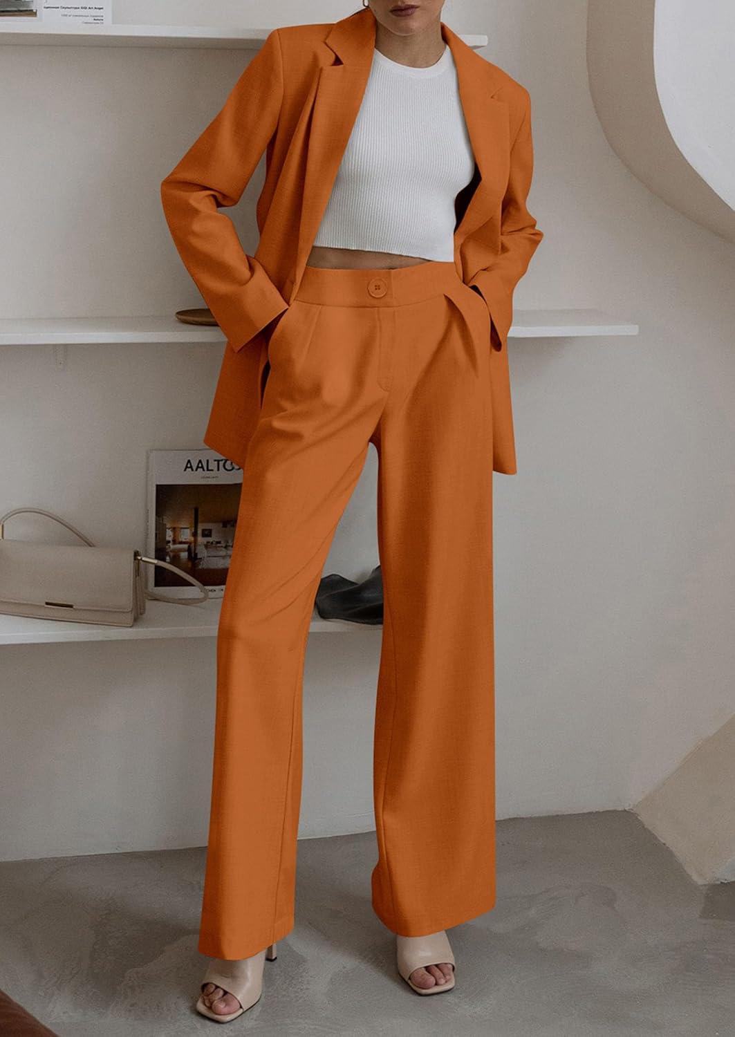 imagePRETTYGARDEN Womens Fall Two Piece Outfits Dressy Blazer Jacket and Wide Leg Pants Pockets Business Casual Office Suit SetsBrown