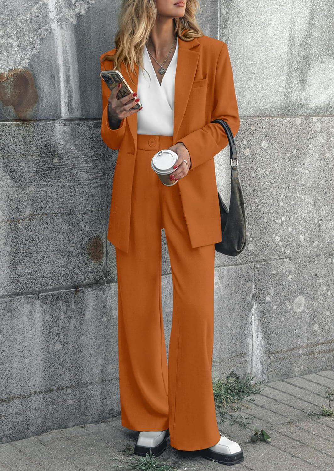 imagePRETTYGARDEN Womens Fall Two Piece Outfits Dressy Blazer Jacket and Wide Leg Pants Pockets Business Casual Office Suit SetsBrown