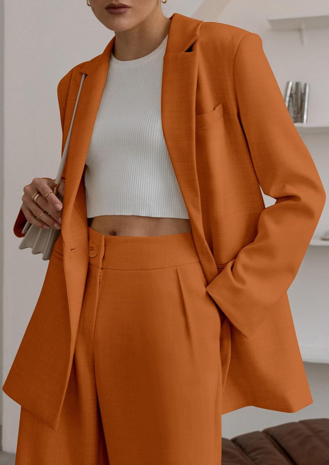 imagePRETTYGARDEN Womens Fall Two Piece Outfits Dressy Blazer Jacket and Wide Leg Pants Pockets Business Casual Office Suit SetsBrown