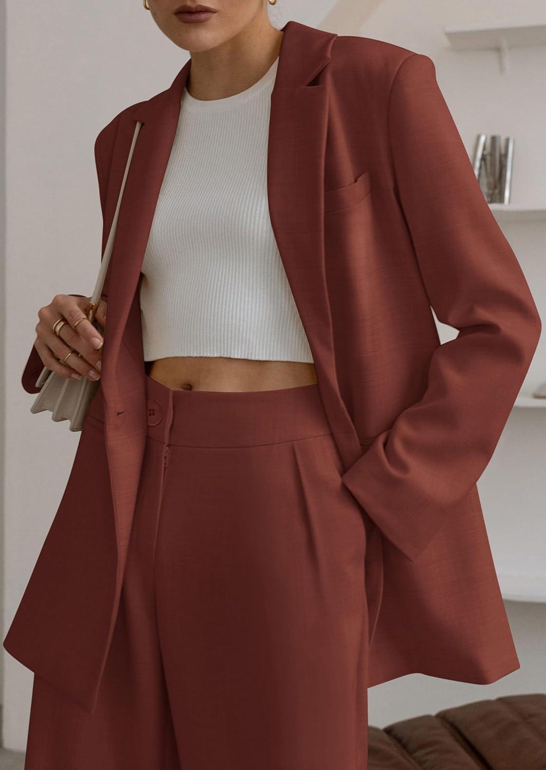 imagePRETTYGARDEN Womens Fall Two Piece Outfits Dressy Blazer Jacket and Wide Leg Pants Pockets Business Casual Office Suit SetsBrown Red