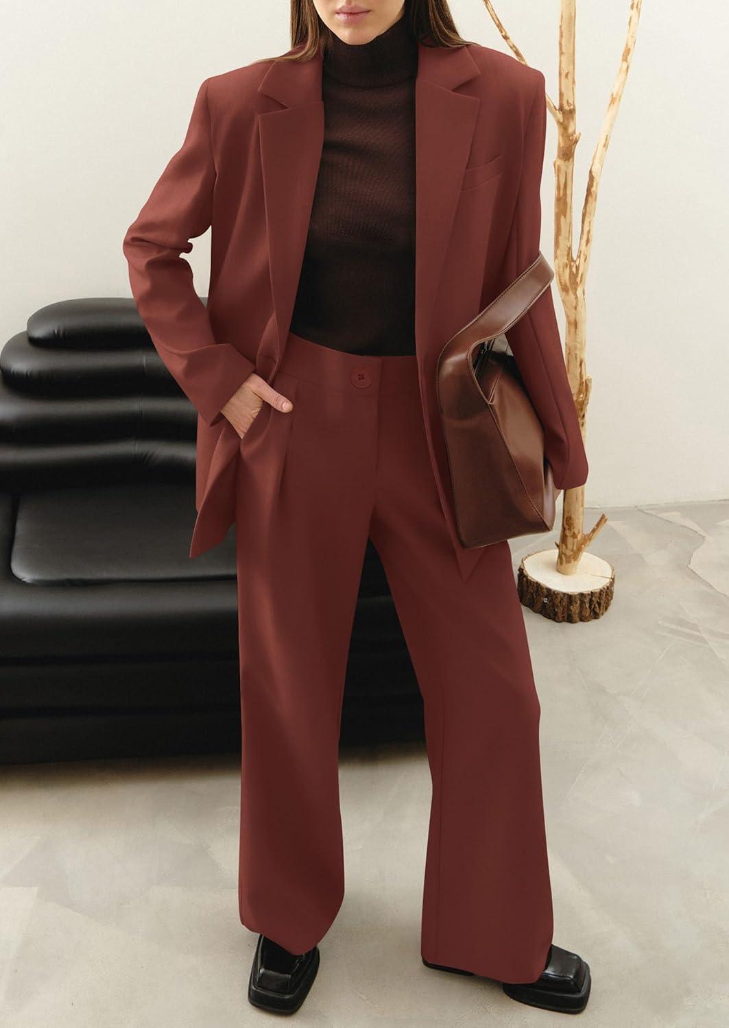 imagePRETTYGARDEN Womens Fall Two Piece Outfits Dressy Blazer Jacket and Wide Leg Pants Pockets Business Casual Office Suit SetsBrown Red
