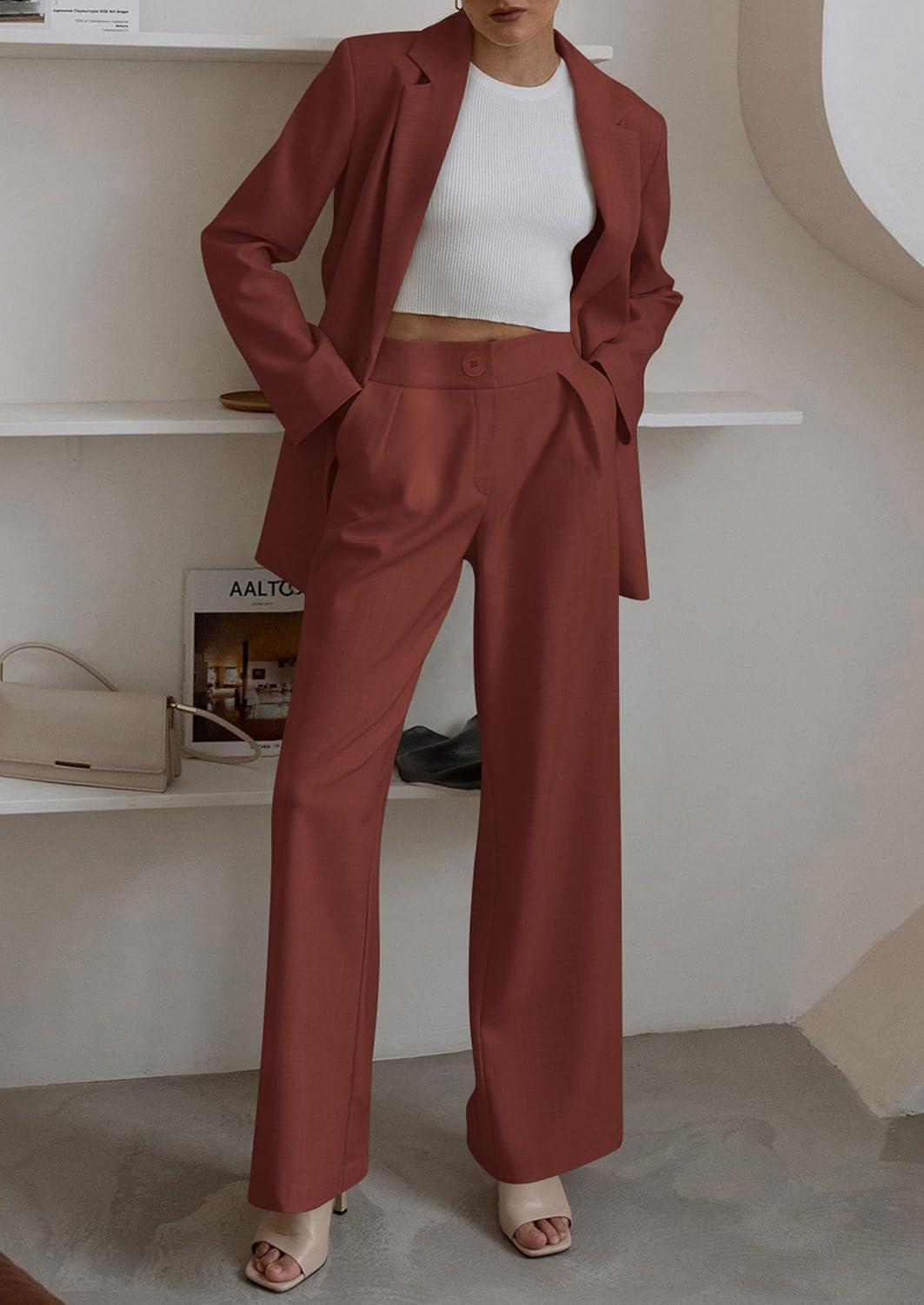 imagePRETTYGARDEN Womens Fall Two Piece Outfits Dressy Blazer Jacket and Wide Leg Pants Pockets Business Casual Office Suit SetsBrown Red