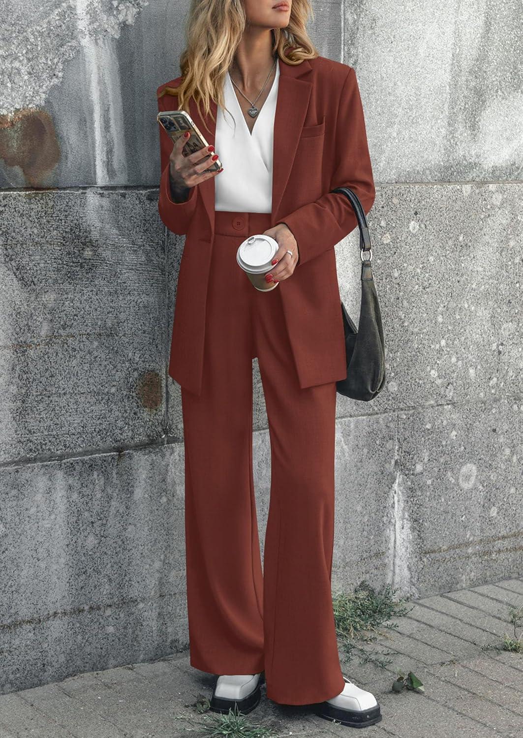 imagePRETTYGARDEN Womens Fall Two Piece Outfits Dressy Blazer Jacket and Wide Leg Pants Pockets Business Casual Office Suit SetsBrown Red