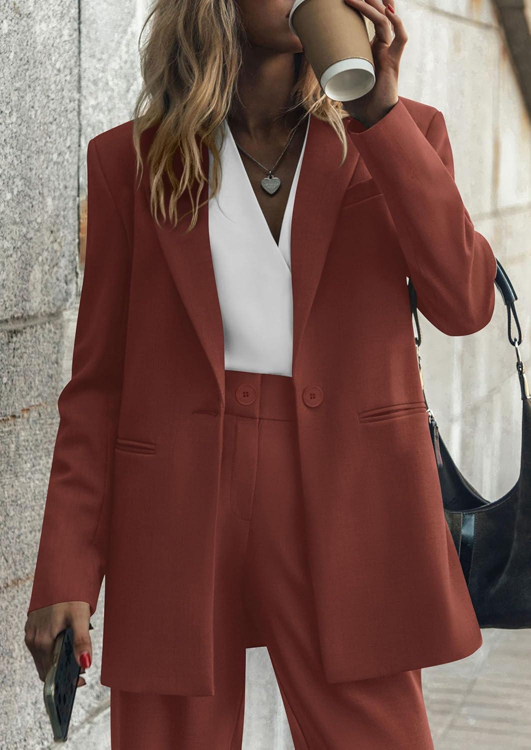imagePRETTYGARDEN Womens Fall Two Piece Outfits Dressy Blazer Jacket and Wide Leg Pants Pockets Business Casual Office Suit SetsBrown Red