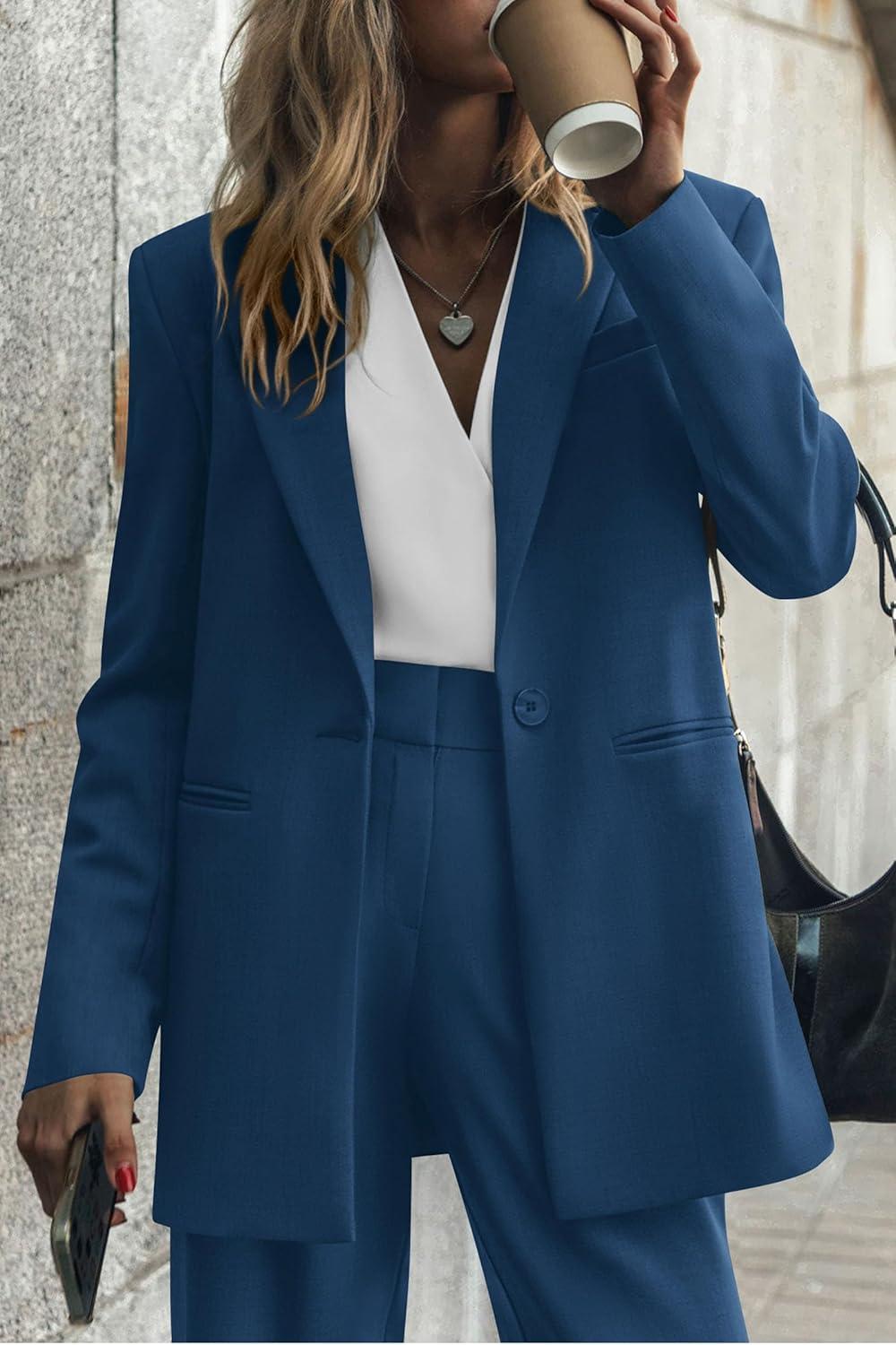 imagePRETTYGARDEN Womens Fall Two Piece Outfits Dressy Blazer Jacket and Wide Leg Pants Pockets Business Casual Office Suit SetsDark Blue