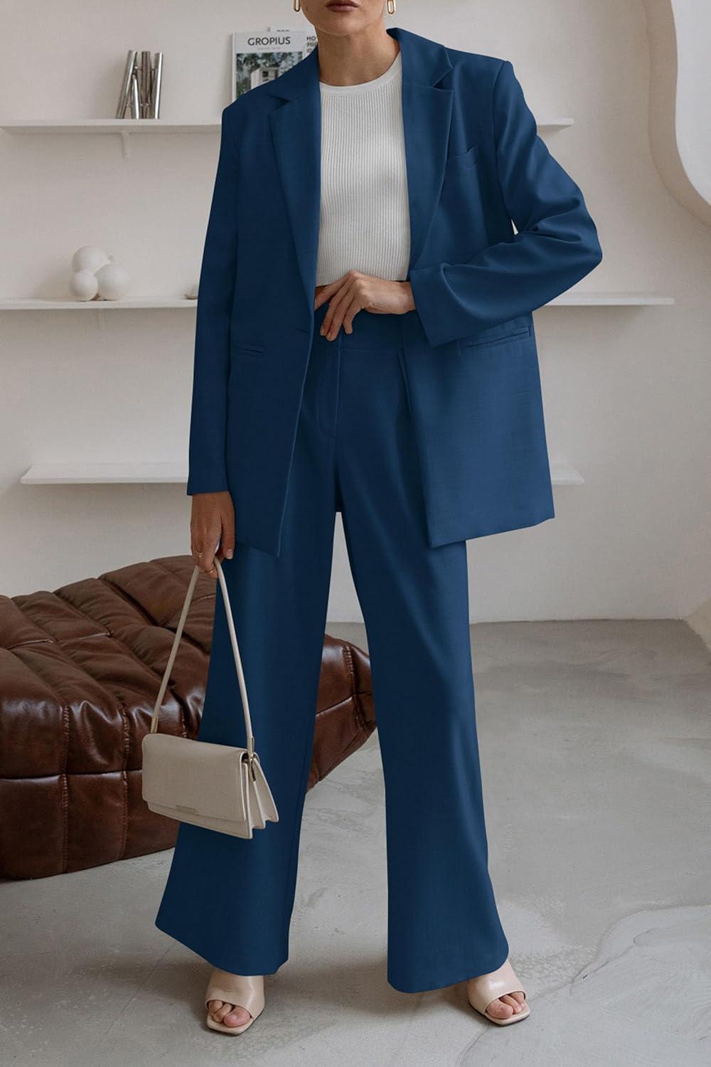 imagePRETTYGARDEN Womens Fall Two Piece Outfits Dressy Blazer Jacket and Wide Leg Pants Pockets Business Casual Office Suit SetsDark Blue