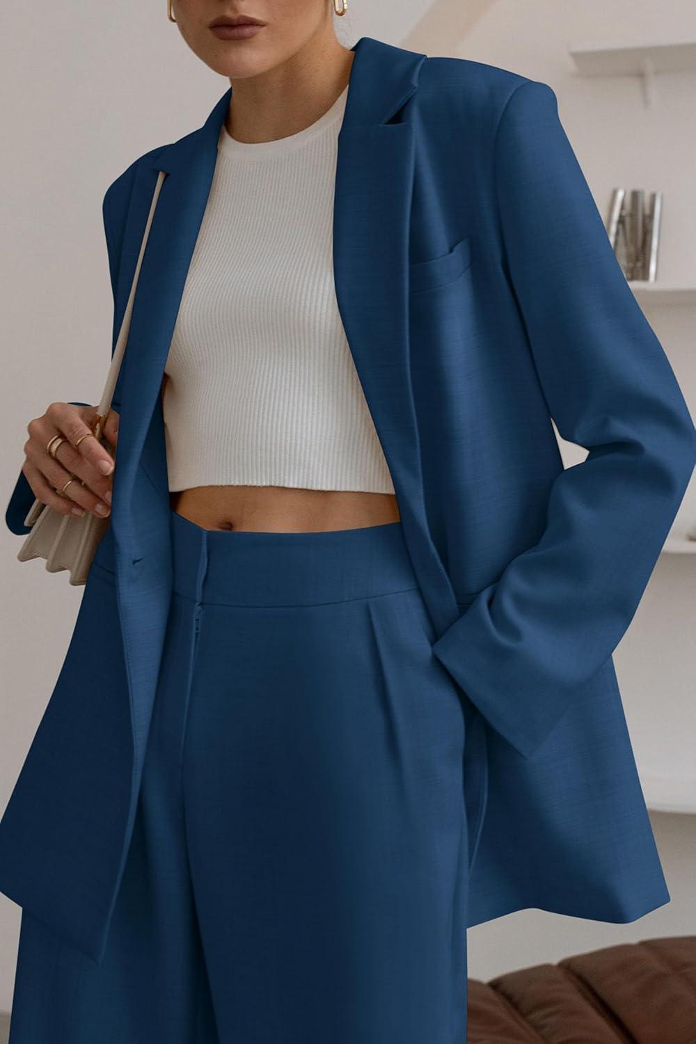 imagePRETTYGARDEN Womens Fall Two Piece Outfits Dressy Blazer Jacket and Wide Leg Pants Pockets Business Casual Office Suit SetsDark Blue