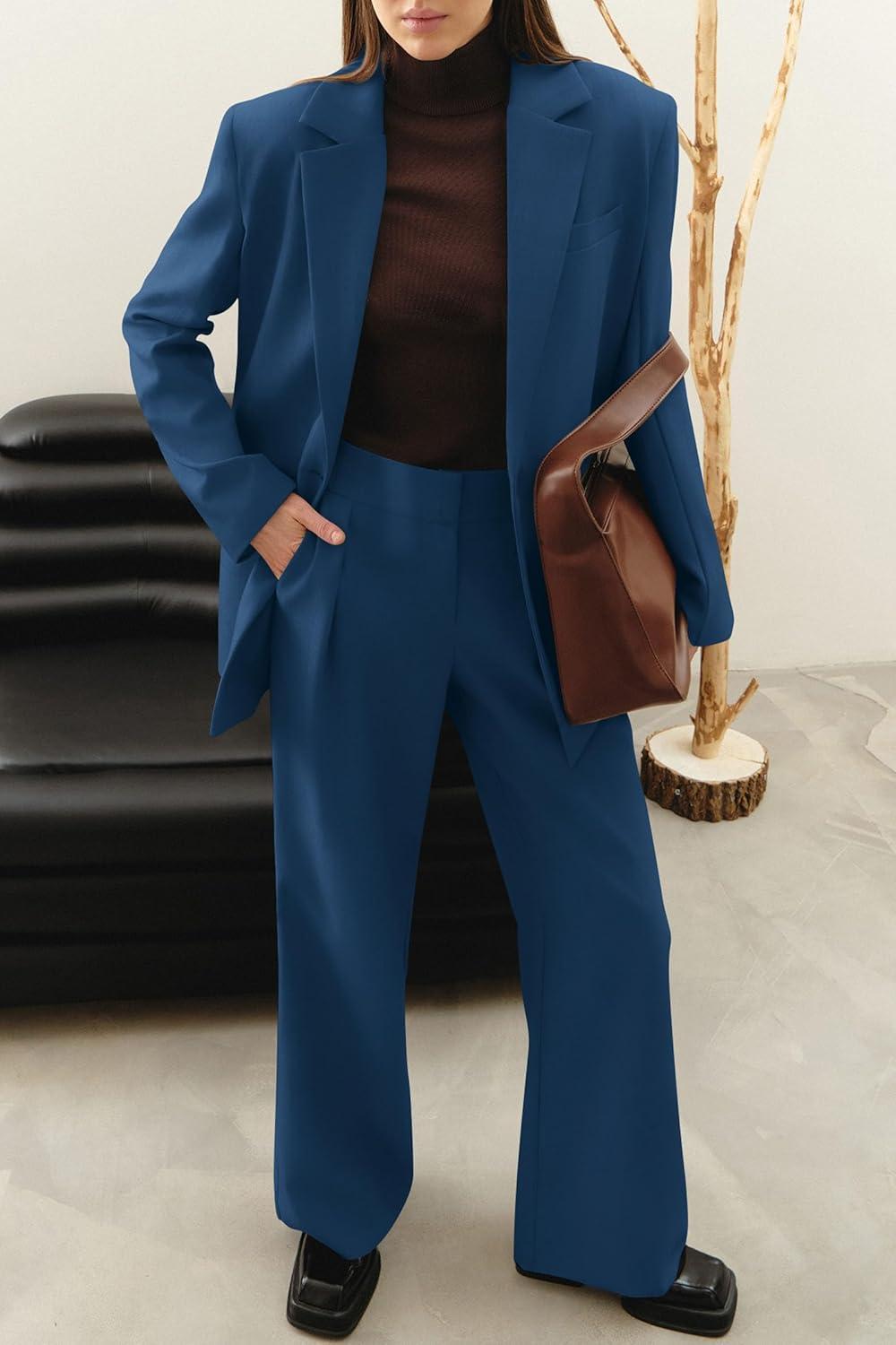imagePRETTYGARDEN Womens Fall Two Piece Outfits Dressy Blazer Jacket and Wide Leg Pants Pockets Business Casual Office Suit SetsDark Blue