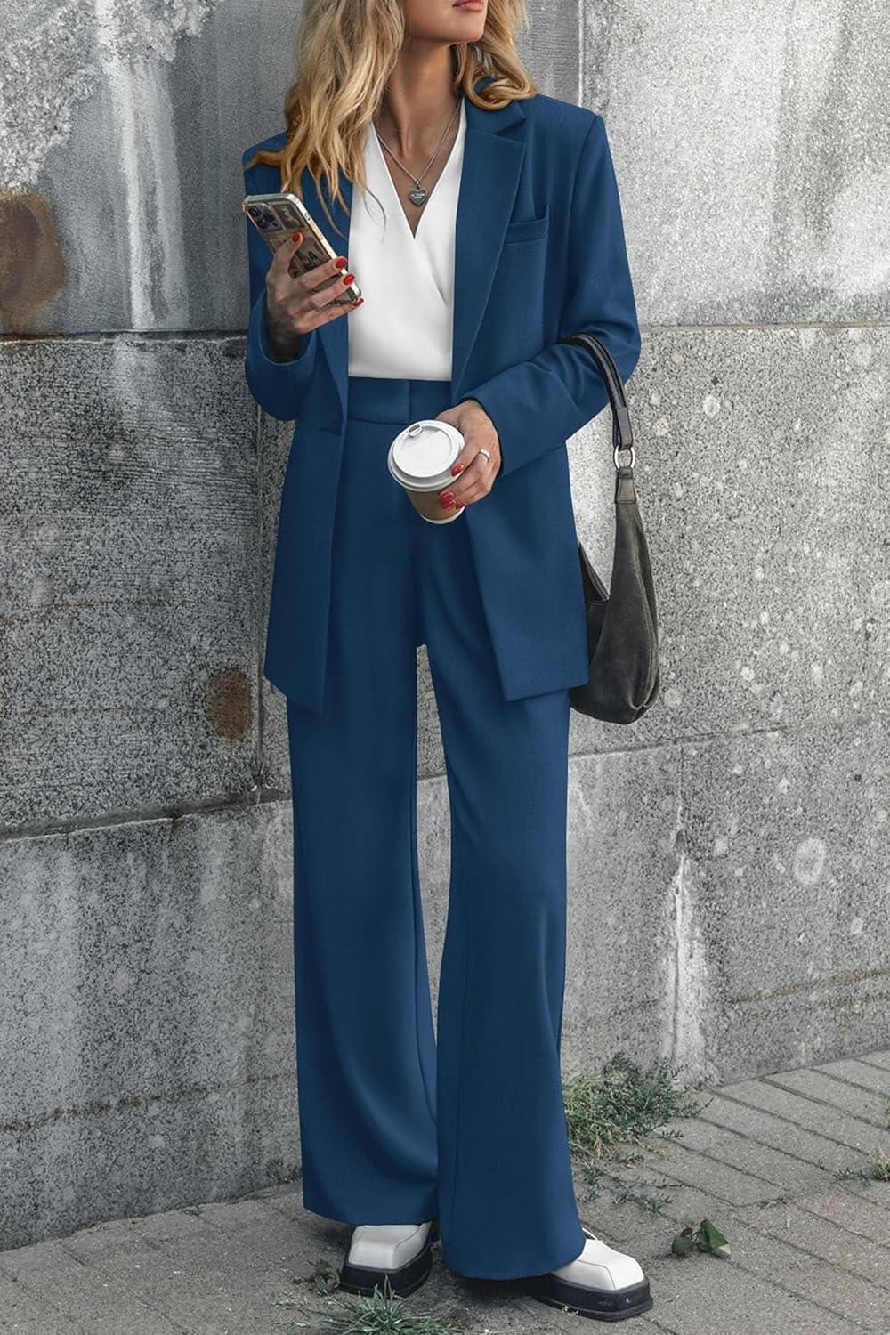 imagePRETTYGARDEN Womens Fall Two Piece Outfits Dressy Blazer Jacket and Wide Leg Pants Pockets Business Casual Office Suit SetsDark Blue