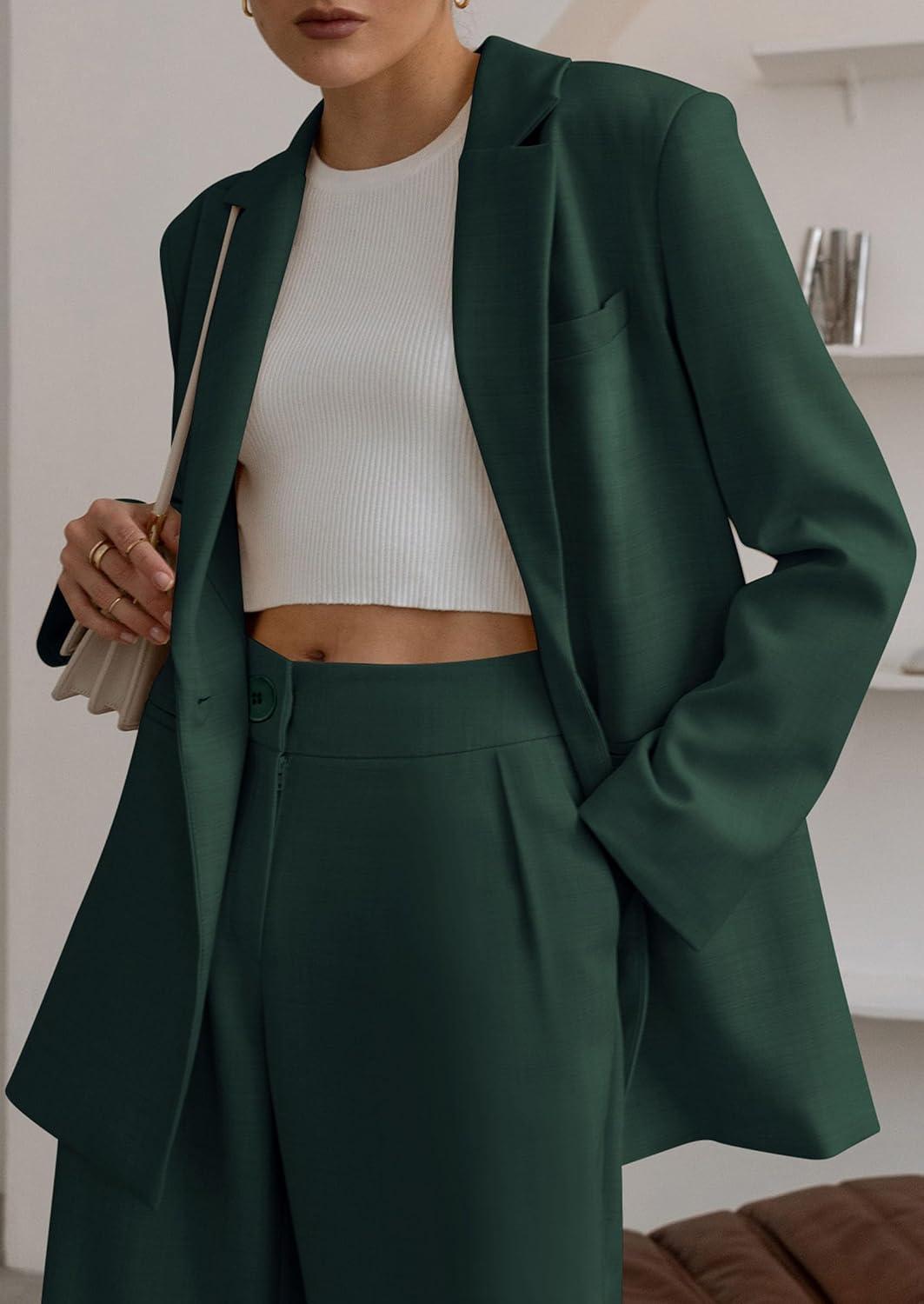 imagePRETTYGARDEN Womens Fall Two Piece Outfits Dressy Blazer Jacket and Wide Leg Pants Pockets Business Casual Office Suit SetsDark Green