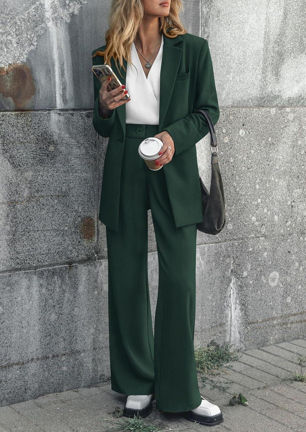 imagePRETTYGARDEN Womens Fall Two Piece Outfits Dressy Blazer Jacket and Wide Leg Pants Pockets Business Casual Office Suit SetsDark Green