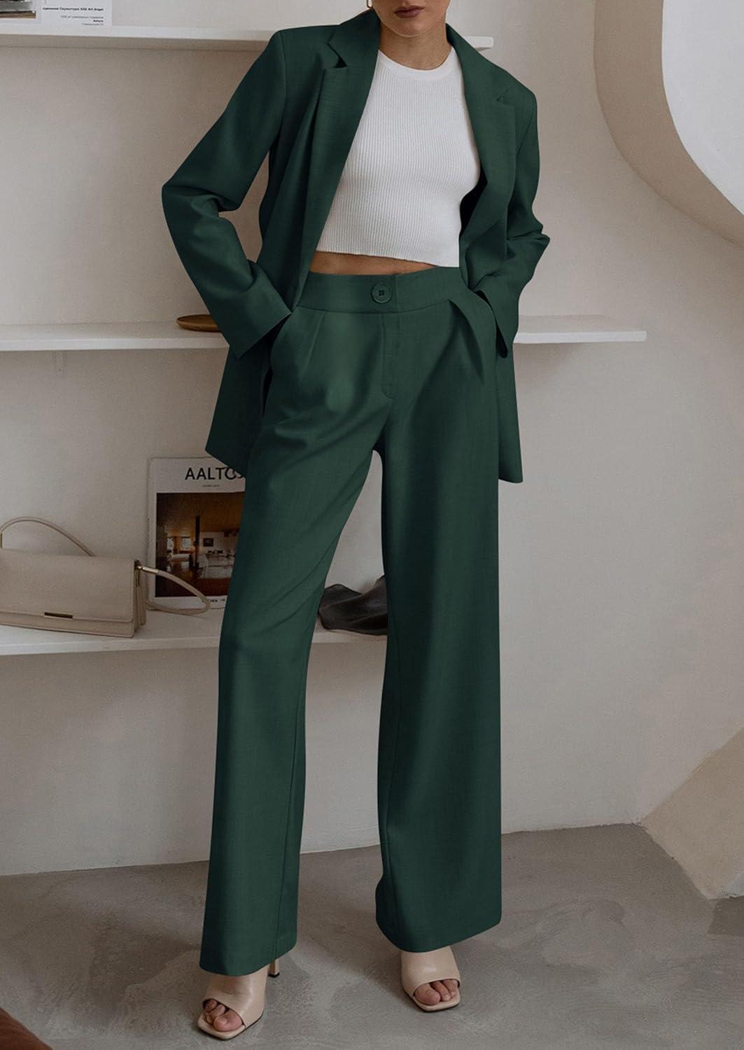 imagePRETTYGARDEN Womens Fall Two Piece Outfits Dressy Blazer Jacket and Wide Leg Pants Pockets Business Casual Office Suit SetsDark Green