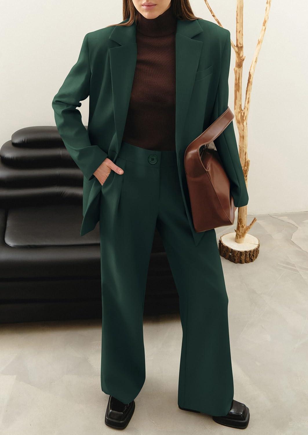 imagePRETTYGARDEN Womens Fall Two Piece Outfits Dressy Blazer Jacket and Wide Leg Pants Pockets Business Casual Office Suit SetsDark Green