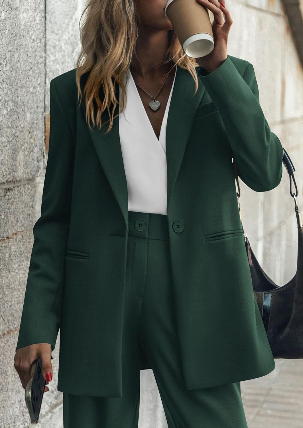 imagePRETTYGARDEN Womens Fall Two Piece Outfits Dressy Blazer Jacket and Wide Leg Pants Pockets Business Casual Office Suit SetsDark Green
