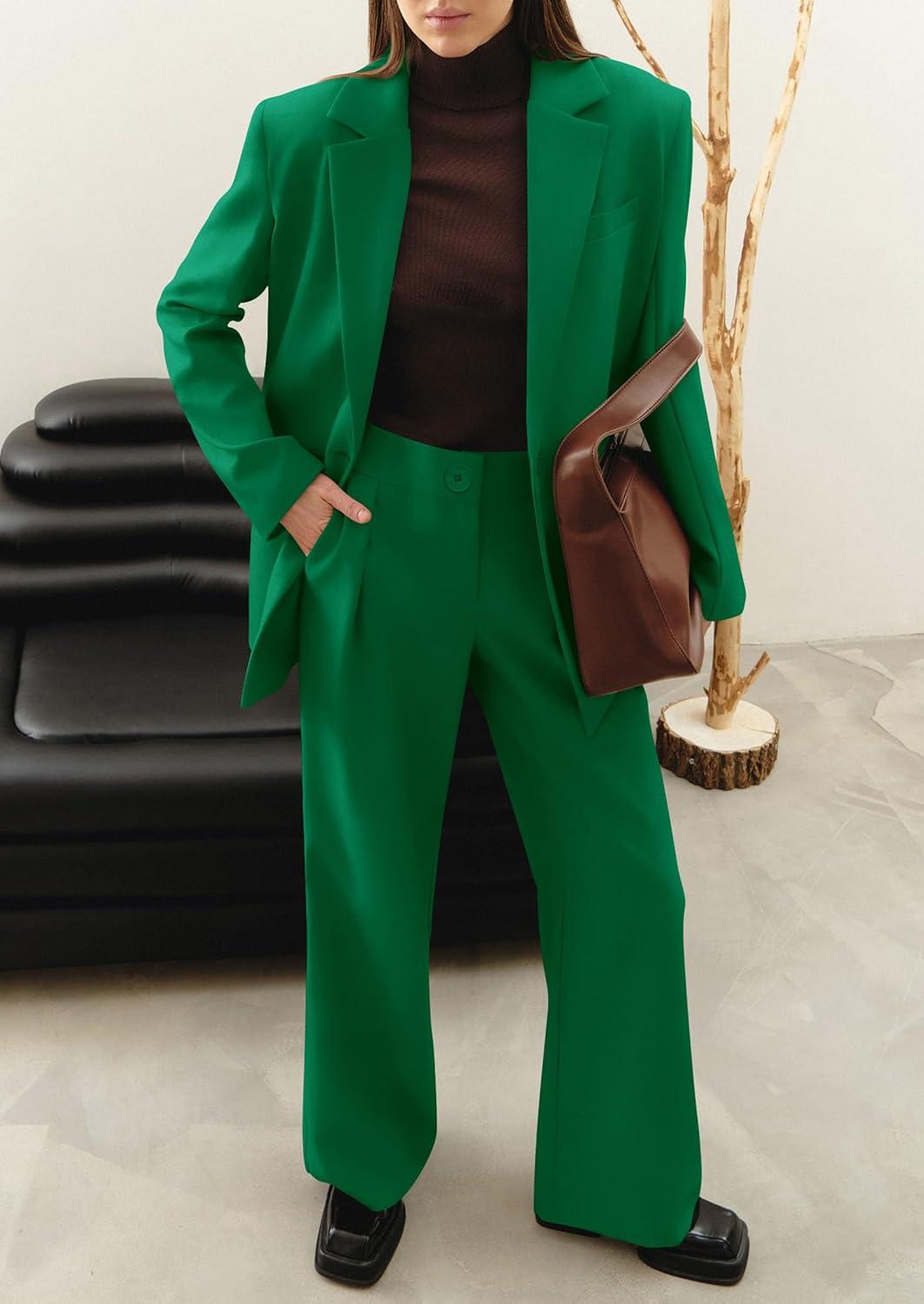 imagePRETTYGARDEN Womens Fall Two Piece Outfits Dressy Blazer Jacket and Wide Leg Pants Pockets Business Casual Office Suit SetsGreen