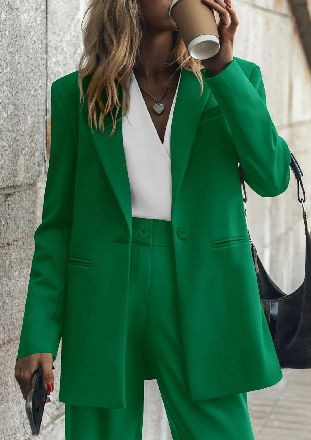 imagePRETTYGARDEN Womens Fall Two Piece Outfits Dressy Blazer Jacket and Wide Leg Pants Pockets Business Casual Office Suit SetsGreen