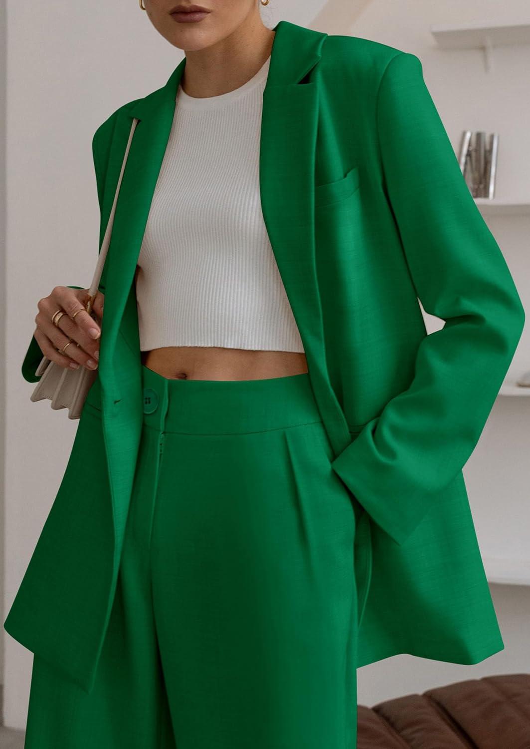 imagePRETTYGARDEN Womens Fall Two Piece Outfits Dressy Blazer Jacket and Wide Leg Pants Pockets Business Casual Office Suit SetsGreen