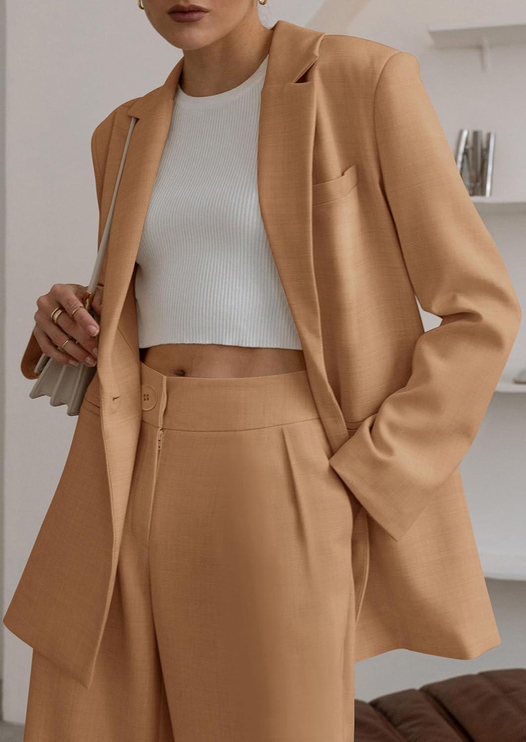 imagePRETTYGARDEN Womens Fall Two Piece Outfits Dressy Blazer Jacket and Wide Leg Pants Pockets Business Casual Office Suit SetsKhaki