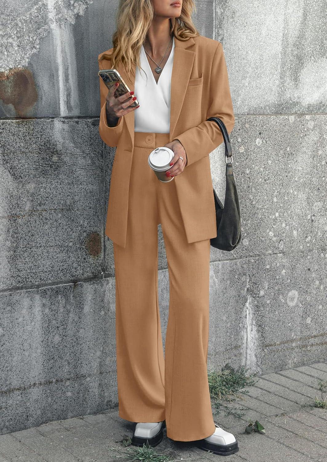 imagePRETTYGARDEN Womens Fall Two Piece Outfits Dressy Blazer Jacket and Wide Leg Pants Pockets Business Casual Office Suit SetsKhaki