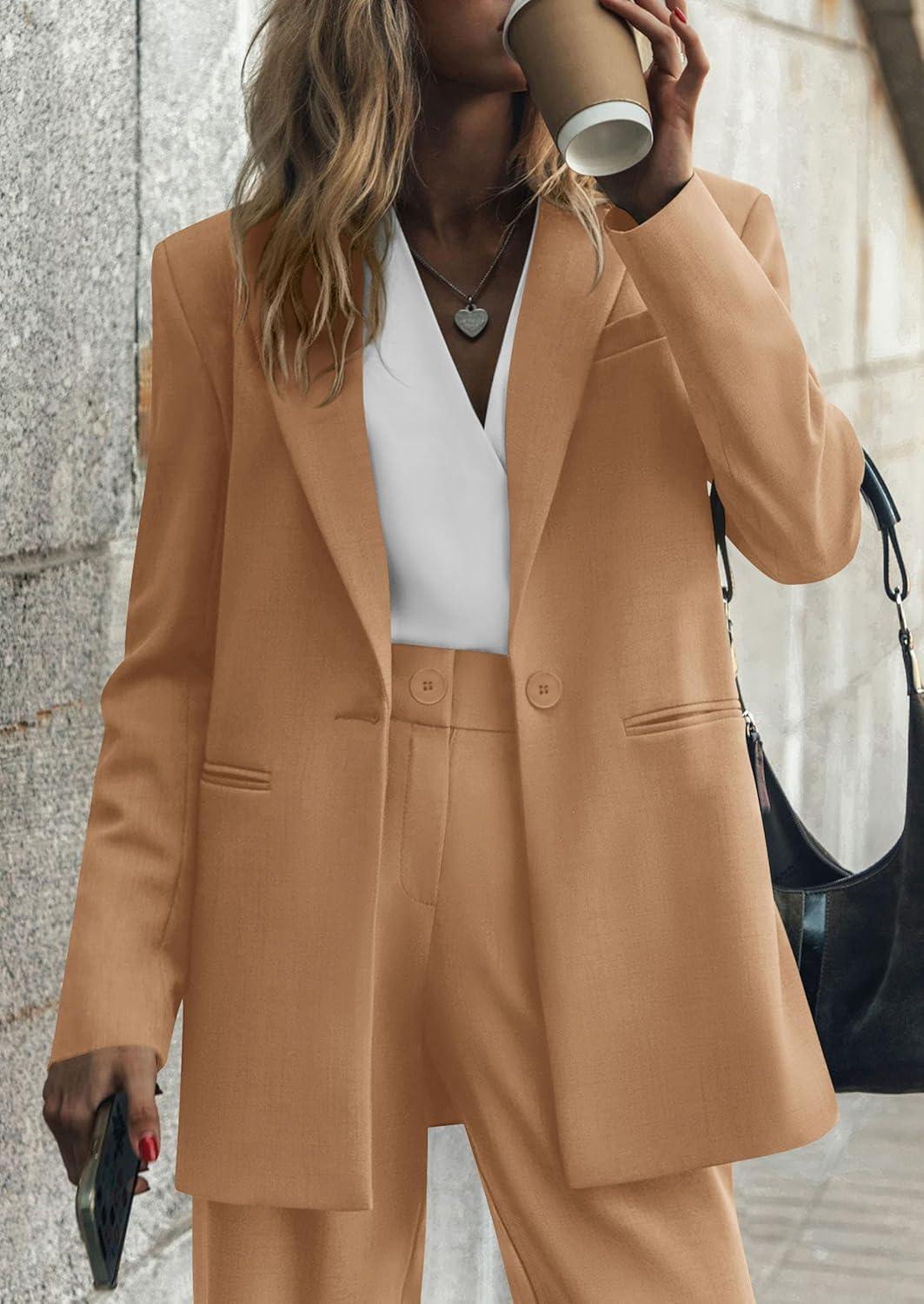 imagePRETTYGARDEN Womens Fall Two Piece Outfits Dressy Blazer Jacket and Wide Leg Pants Pockets Business Casual Office Suit SetsKhaki