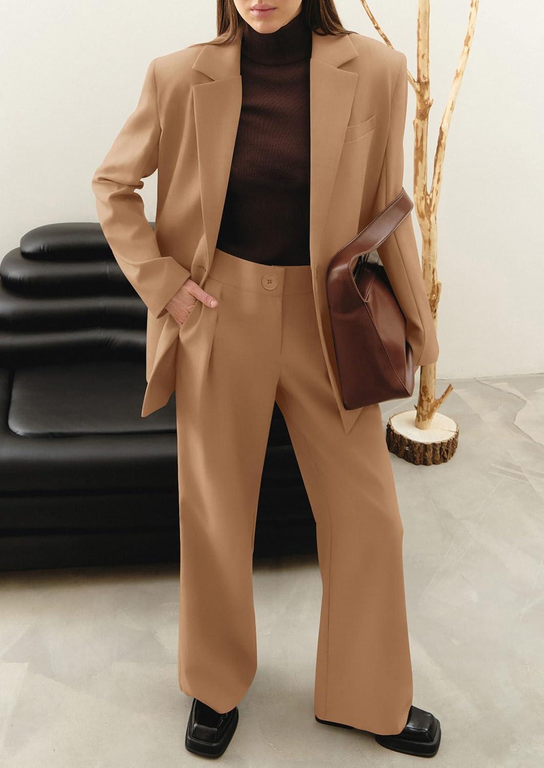 imagePRETTYGARDEN Womens Fall Two Piece Outfits Dressy Blazer Jacket and Wide Leg Pants Pockets Business Casual Office Suit SetsKhaki