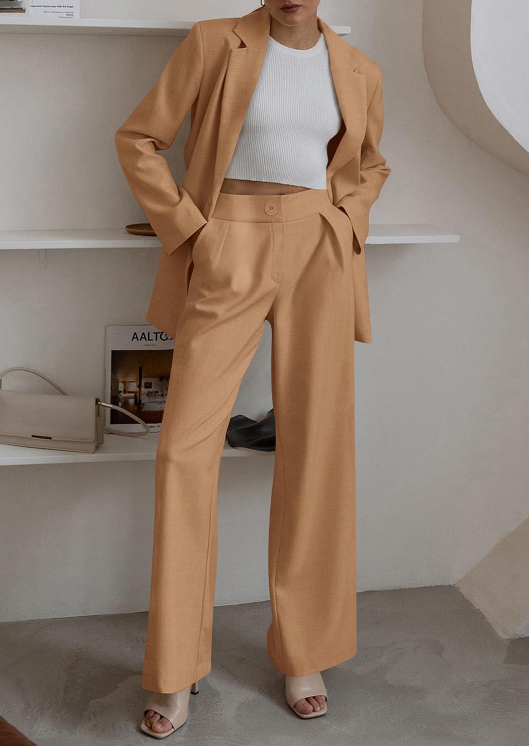 imagePRETTYGARDEN Womens Fall Two Piece Outfits Dressy Blazer Jacket and Wide Leg Pants Pockets Business Casual Office Suit SetsKhaki