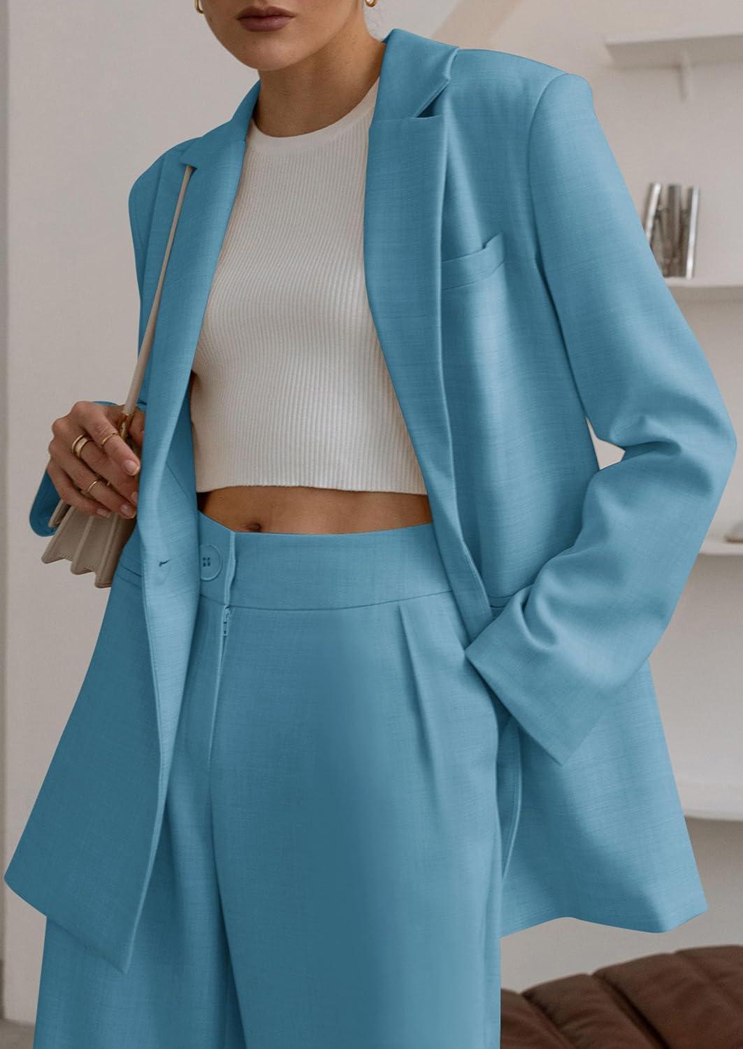 imagePRETTYGARDEN Womens Fall Two Piece Outfits Dressy Blazer Jacket and Wide Leg Pants Pockets Business Casual Office Suit SetsLake Blue