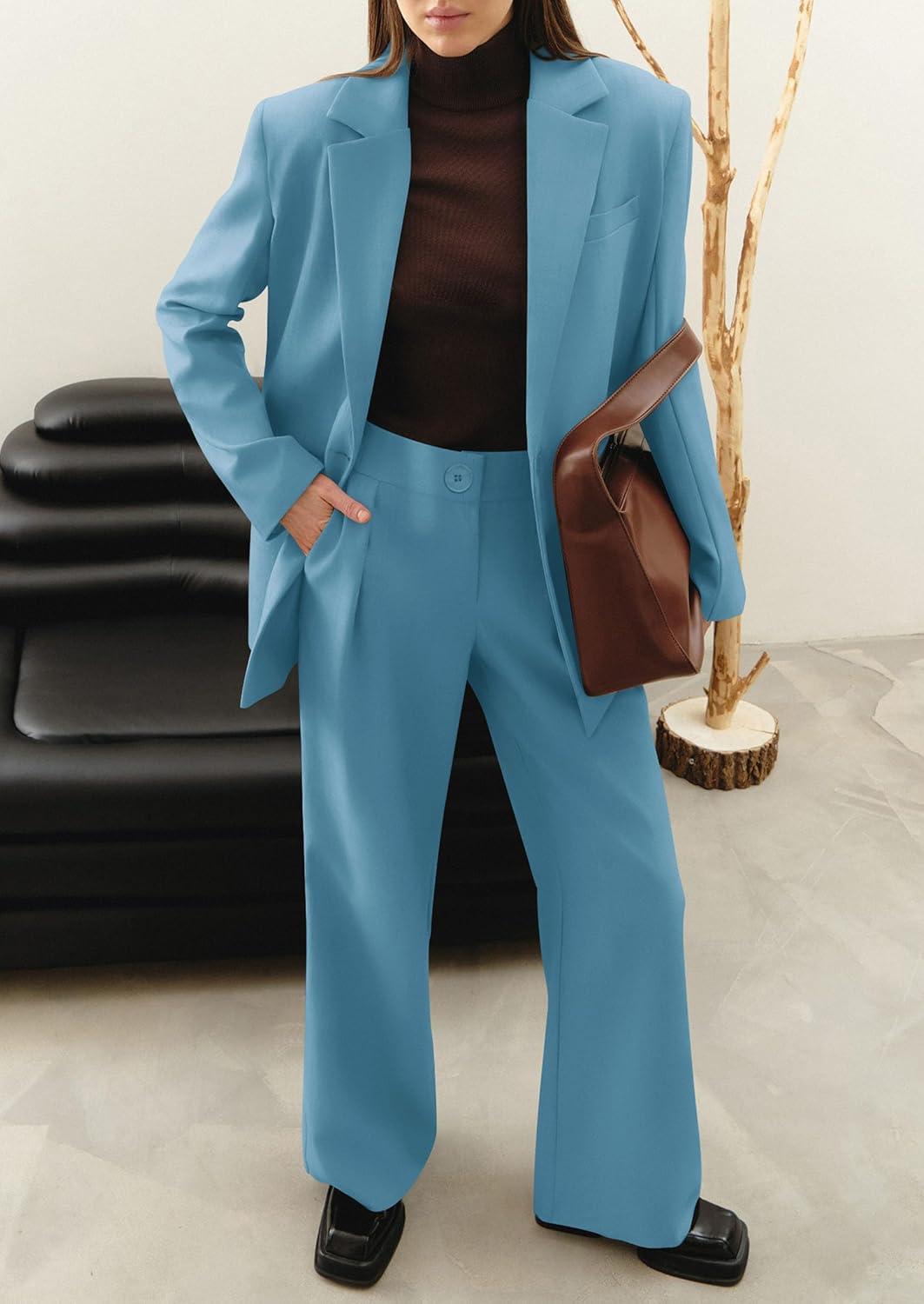 imagePRETTYGARDEN Womens Fall Two Piece Outfits Dressy Blazer Jacket and Wide Leg Pants Pockets Business Casual Office Suit SetsLake Blue