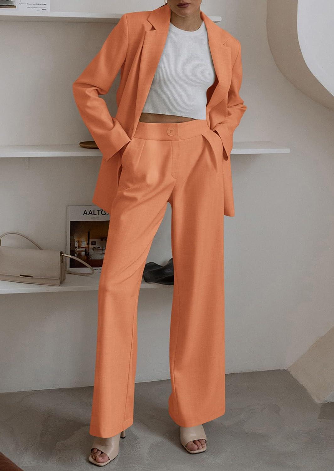 imagePRETTYGARDEN Womens Fall Two Piece Outfits Dressy Blazer Jacket and Wide Leg Pants Pockets Business Casual Office Suit SetsOrange