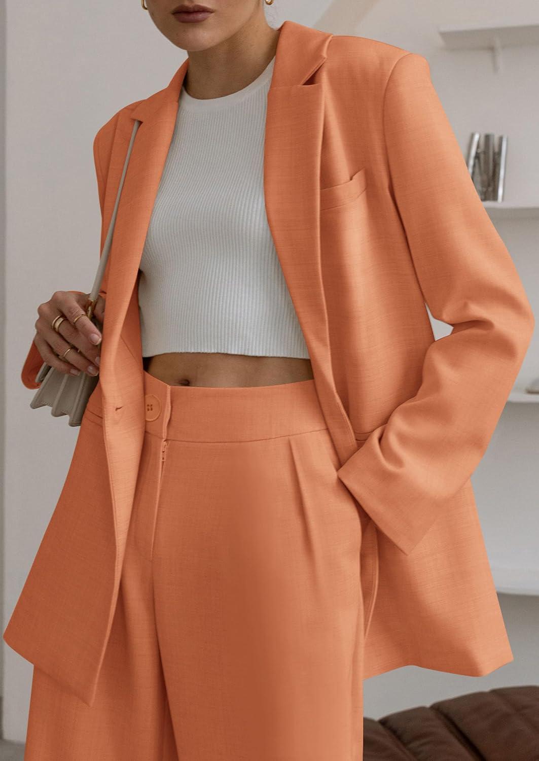 imagePRETTYGARDEN Womens Fall Two Piece Outfits Dressy Blazer Jacket and Wide Leg Pants Pockets Business Casual Office Suit SetsOrange