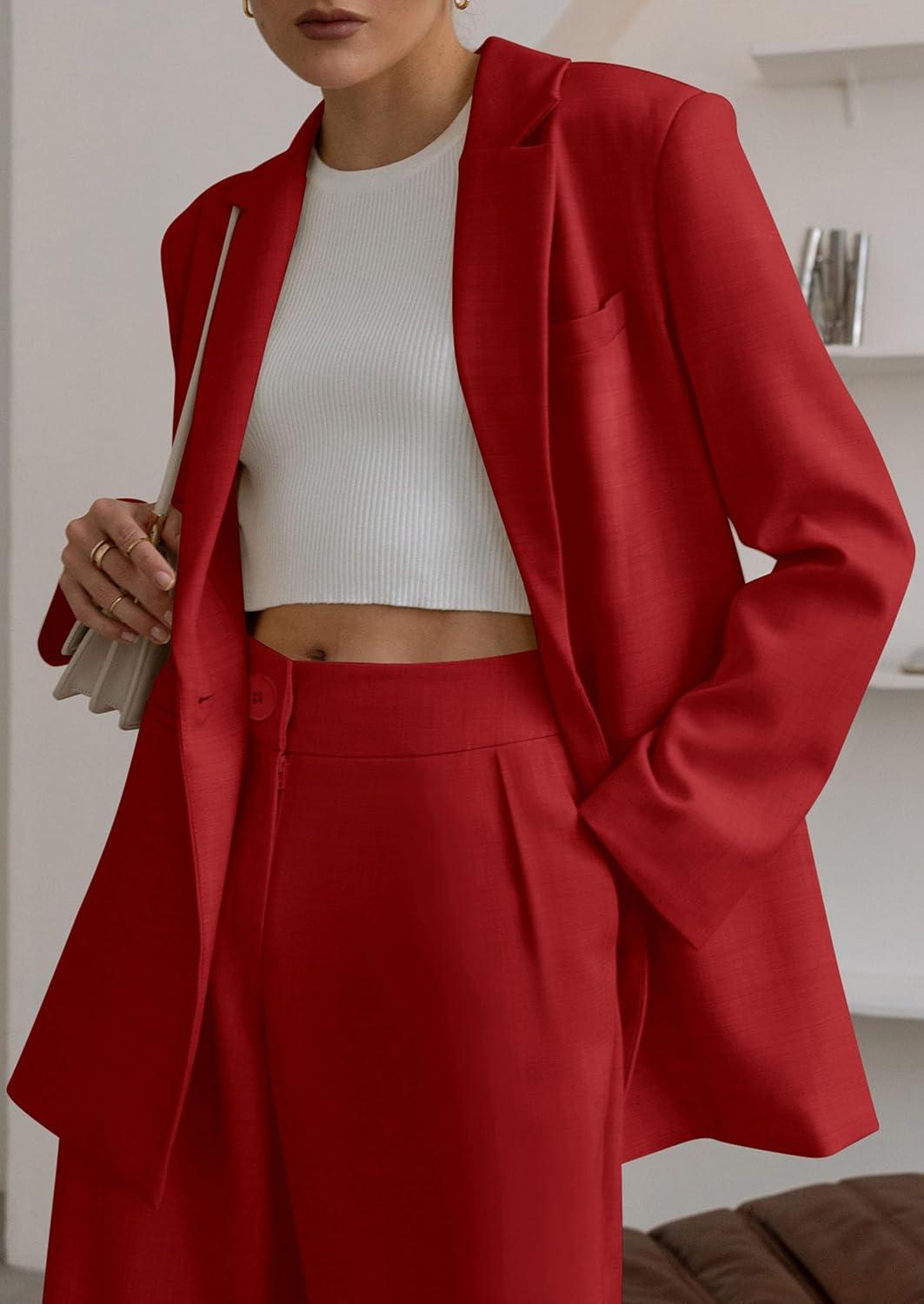 imagePRETTYGARDEN Womens Fall Two Piece Outfits Dressy Blazer Jacket and Wide Leg Pants Pockets Business Casual Office Suit SetsRed