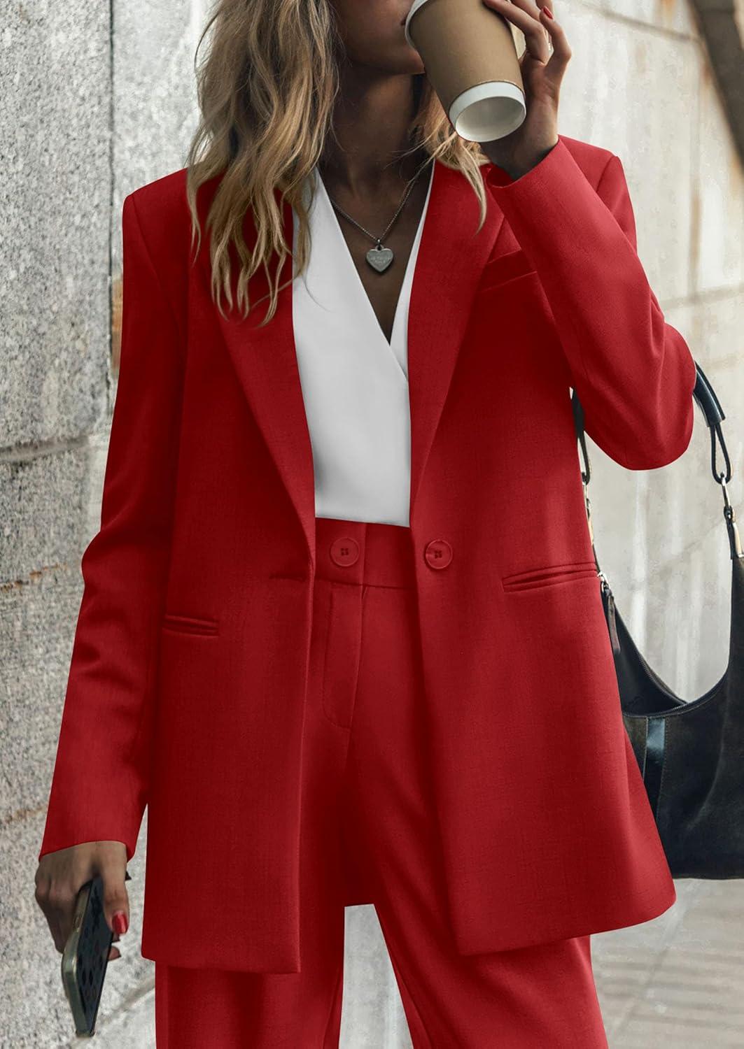imagePRETTYGARDEN Womens Fall Two Piece Outfits Dressy Blazer Jacket and Wide Leg Pants Pockets Business Casual Office Suit SetsRed