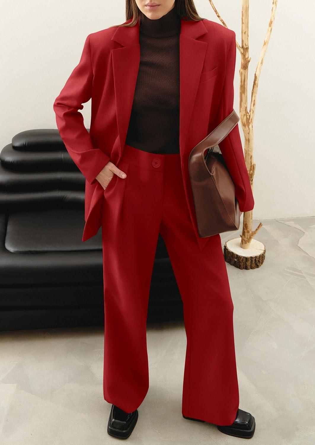 imagePRETTYGARDEN Womens Fall Two Piece Outfits Dressy Blazer Jacket and Wide Leg Pants Pockets Business Casual Office Suit SetsRed