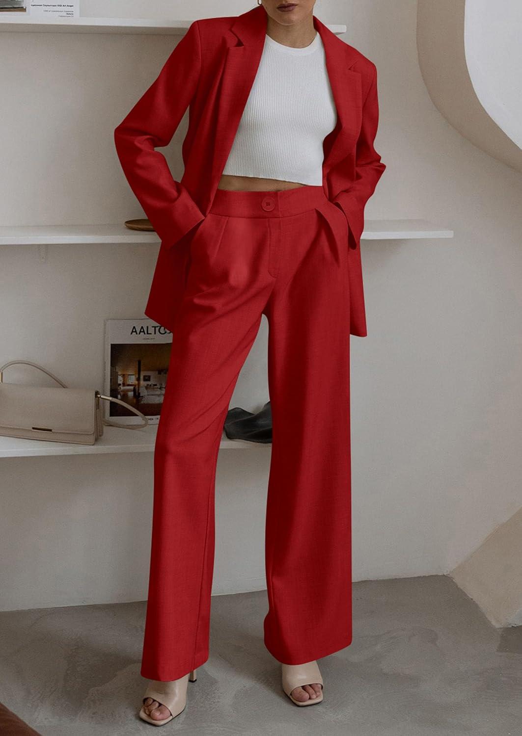 imagePRETTYGARDEN Womens Fall Two Piece Outfits Dressy Blazer Jacket and Wide Leg Pants Pockets Business Casual Office Suit SetsRed